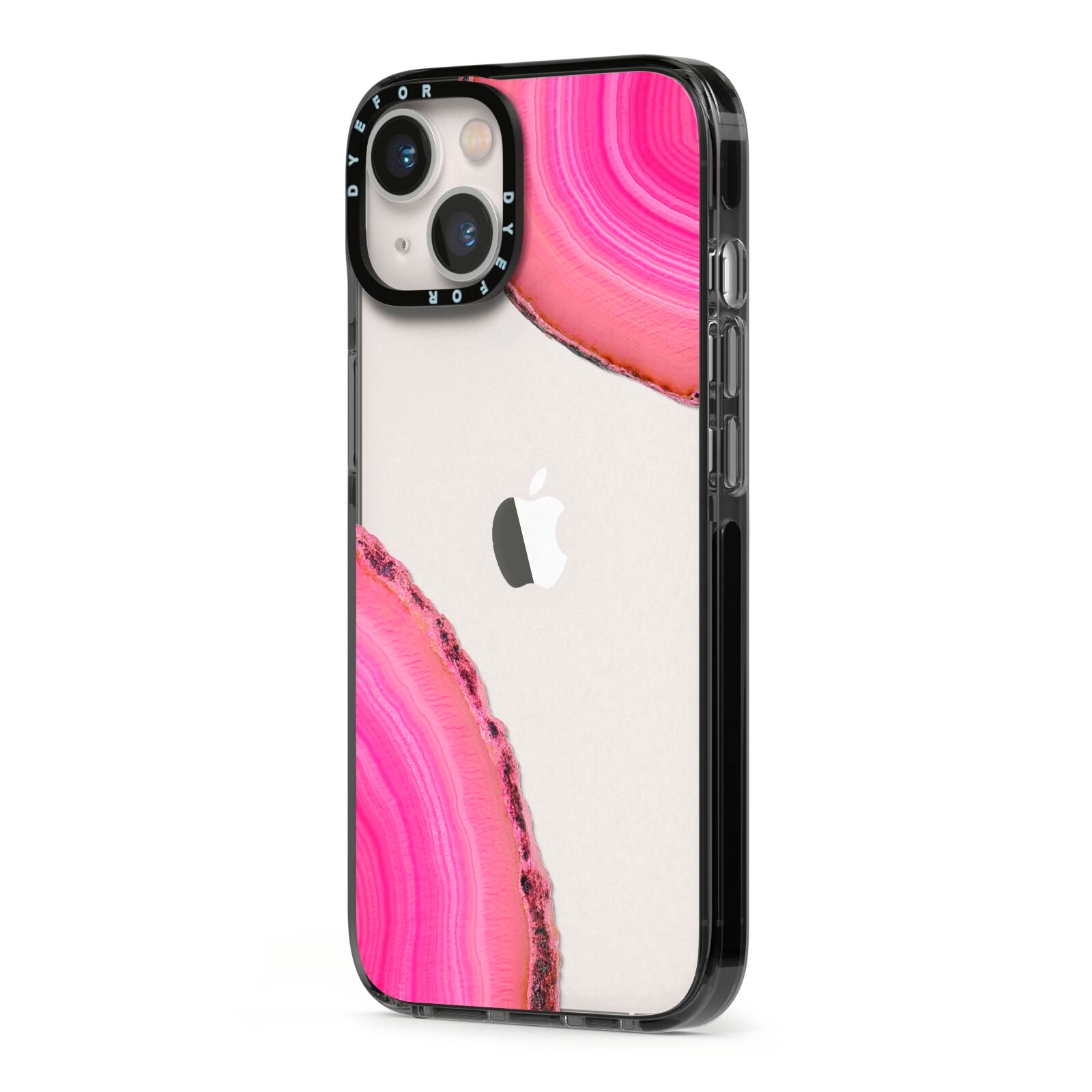 Agate Bright Pink iPhone 13 Black Impact Case Side Angle on Silver phone