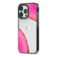 Agate Bright Pink iPhone 13 Pro Black Impact Case Side Angle on Silver phone