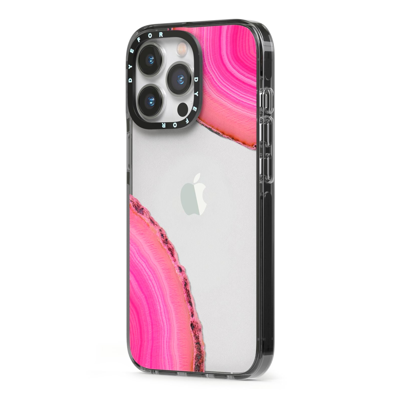 Agate Bright Pink iPhone 13 Pro Black Impact Case Side Angle on Silver phone