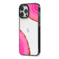 Agate Bright Pink iPhone 13 Pro Max Black Impact Case Side Angle on Silver phone