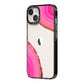 Agate Bright Pink iPhone 14 Black Impact Case Side Angle on Silver phone