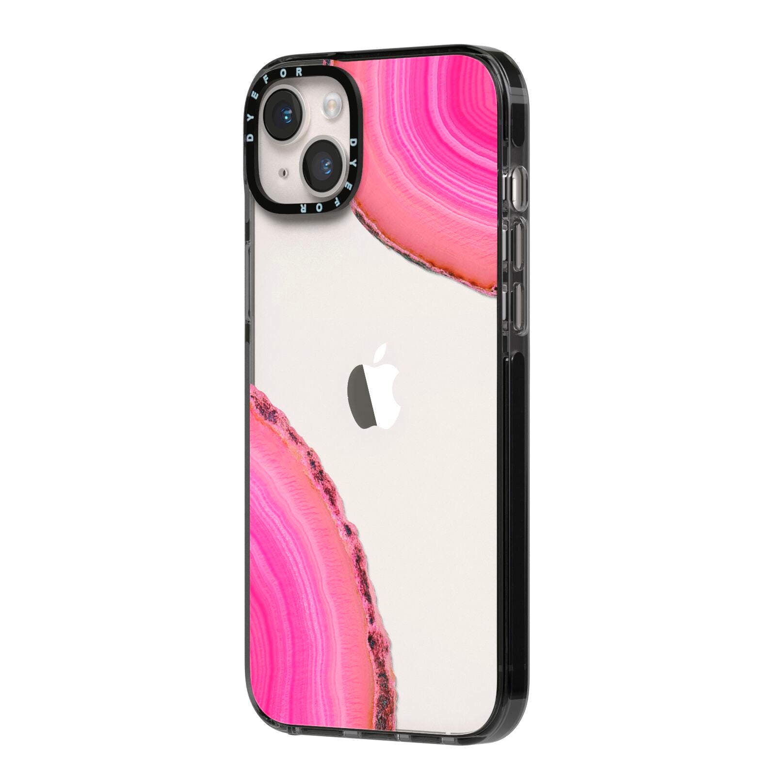 Agate Bright Pink iPhone 14 Plus Black Impact Case Side Angle on Silver phone