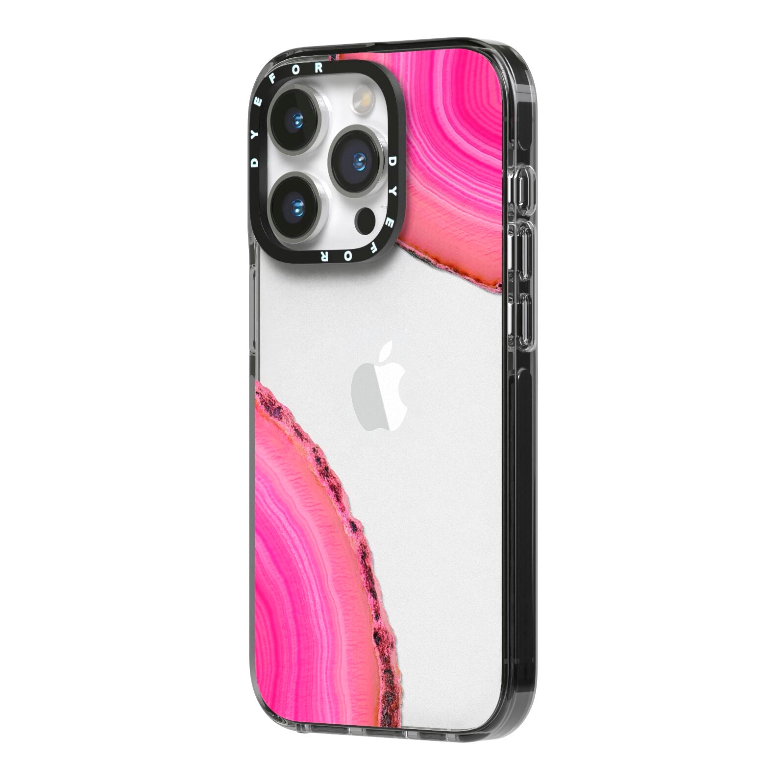 Agate Bright Pink iPhone 14 Pro Black Impact Case Side Angle on Silver phone