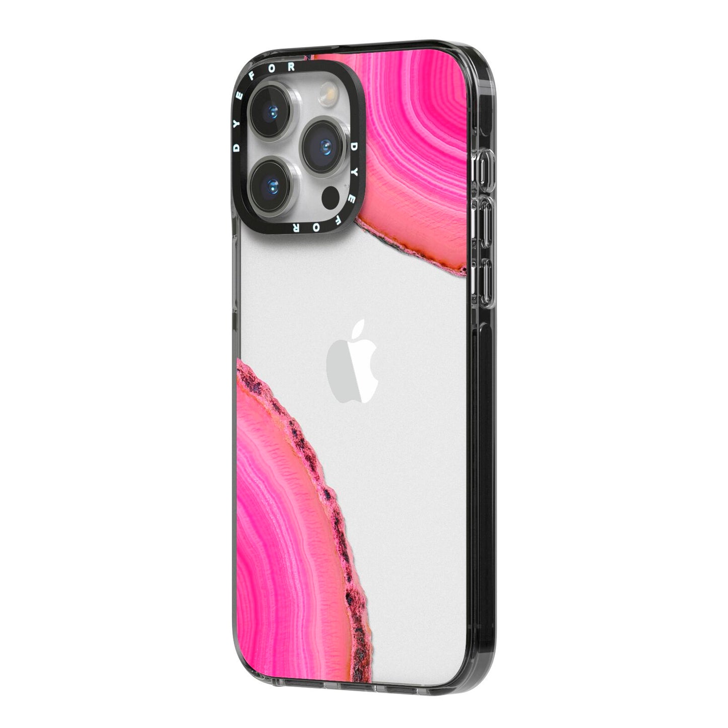 Agate Bright Pink iPhone 14 Pro Max Black Impact Case Side Angle on Silver phone