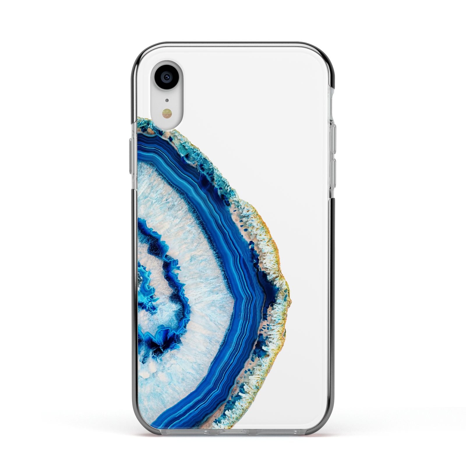 Agate Dark Blue and Turquoise Apple iPhone XR Impact Case Black Edge on Silver Phone