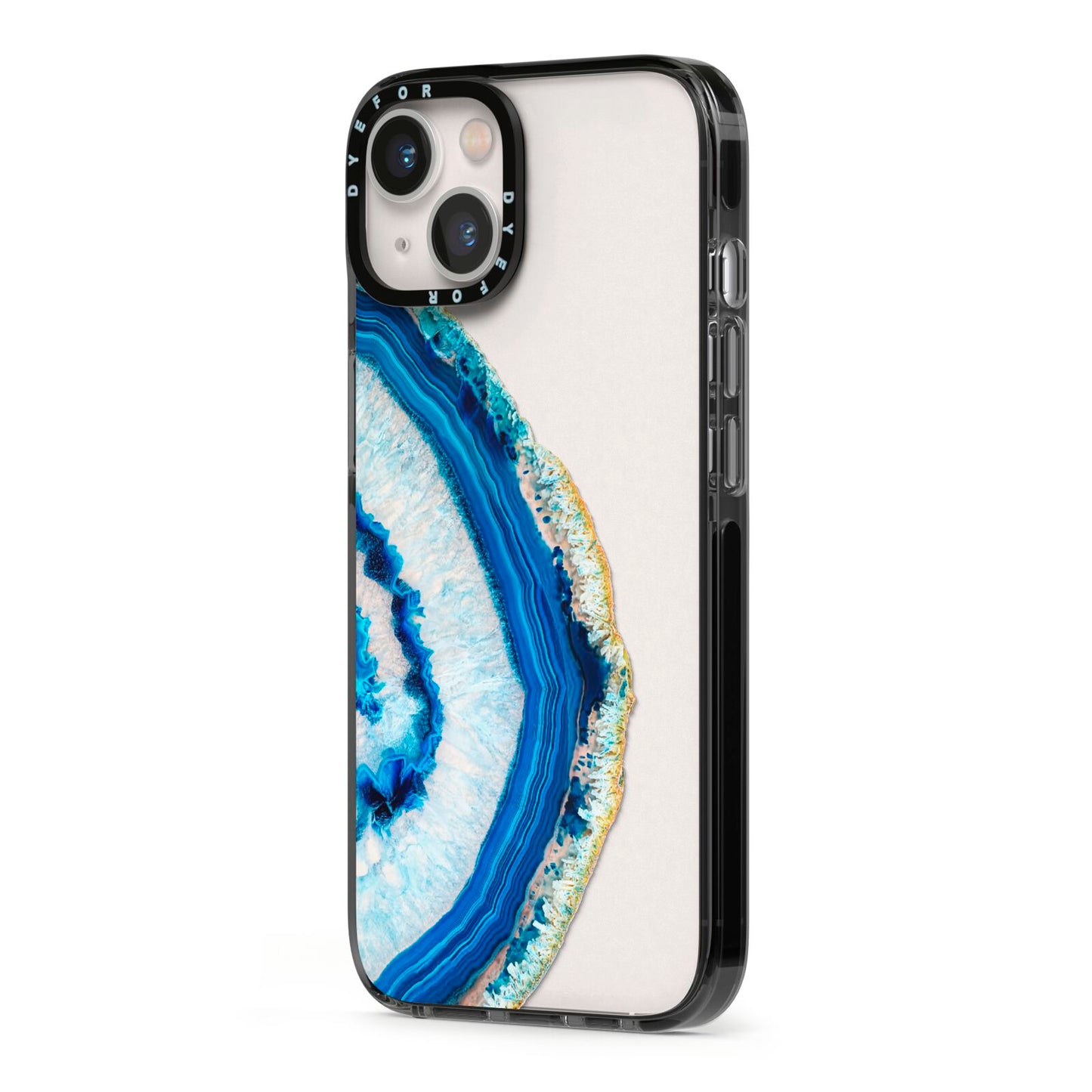 Agate Dark Blue and Turquoise iPhone 13 Black Impact Case Side Angle on Silver phone