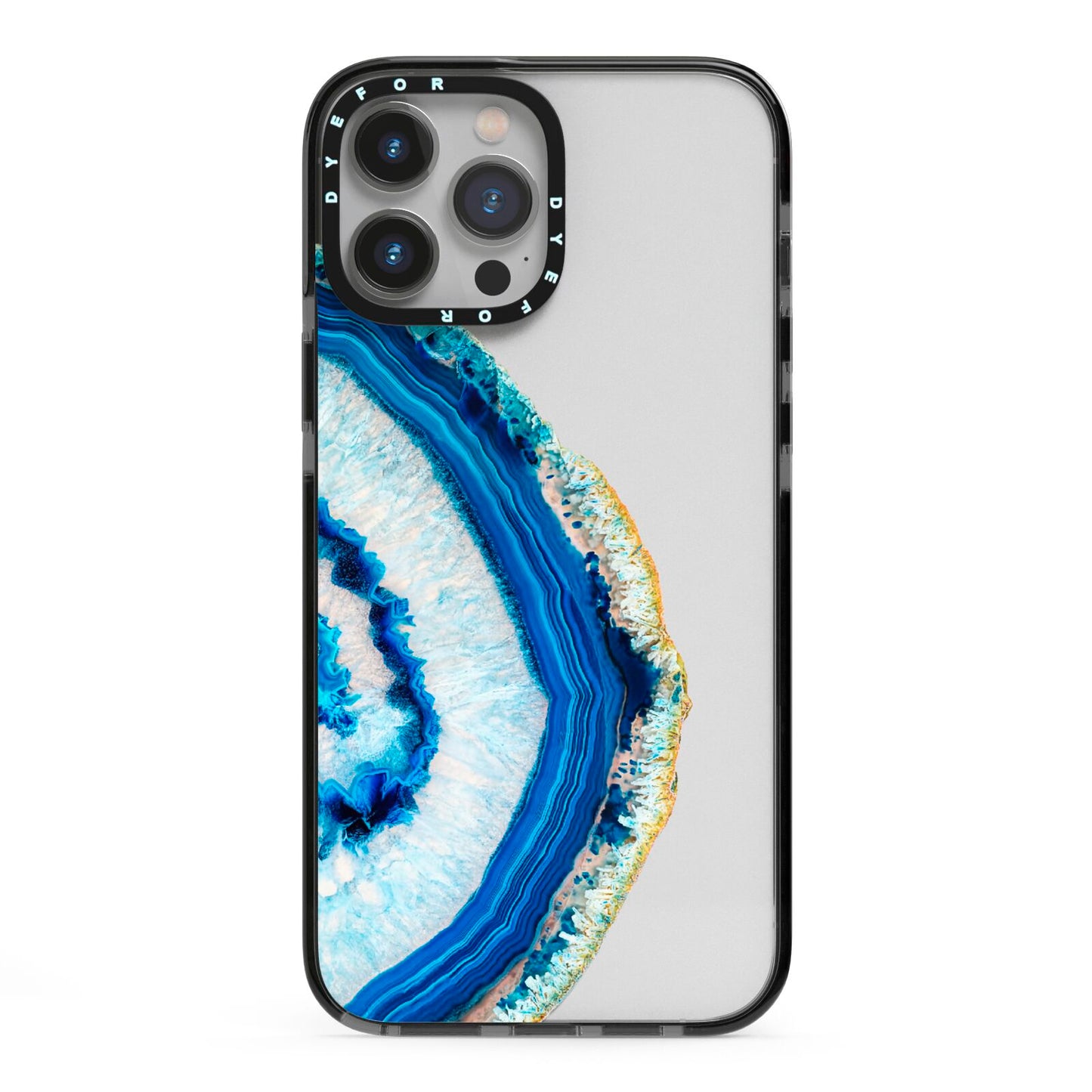 Agate Dark Blue and Turquoise iPhone 13 Pro Max Black Impact Case on Silver phone