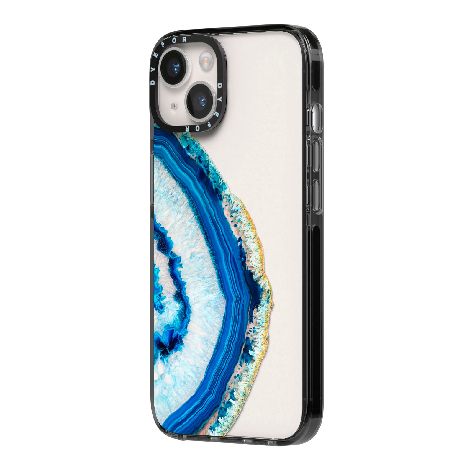 Agate Dark Blue and Turquoise iPhone 14 Black Impact Case Side Angle on Silver phone