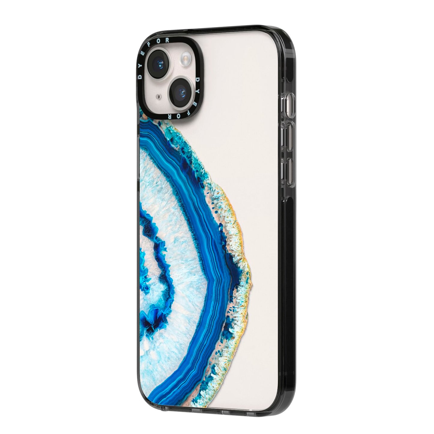 Agate Dark Blue and Turquoise iPhone 14 Plus Black Impact Case Side Angle on Silver phone