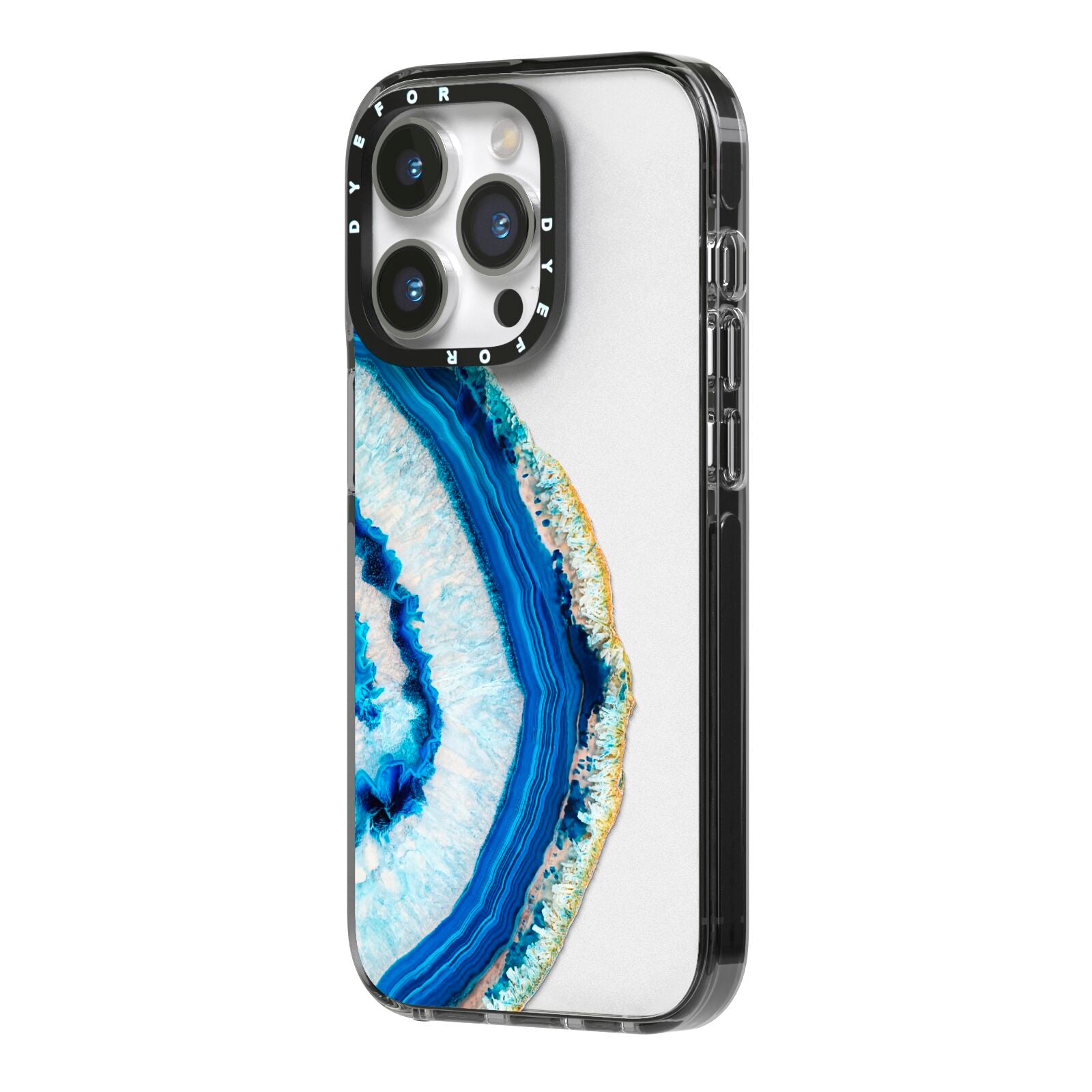Agate Dark Blue and Turquoise iPhone 14 Pro Black Impact Case Side Angle on Silver phone