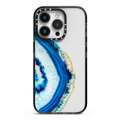 Agate Dark Blue and Turquoise iPhone 14 Pro Black Impact Case on Silver phone
