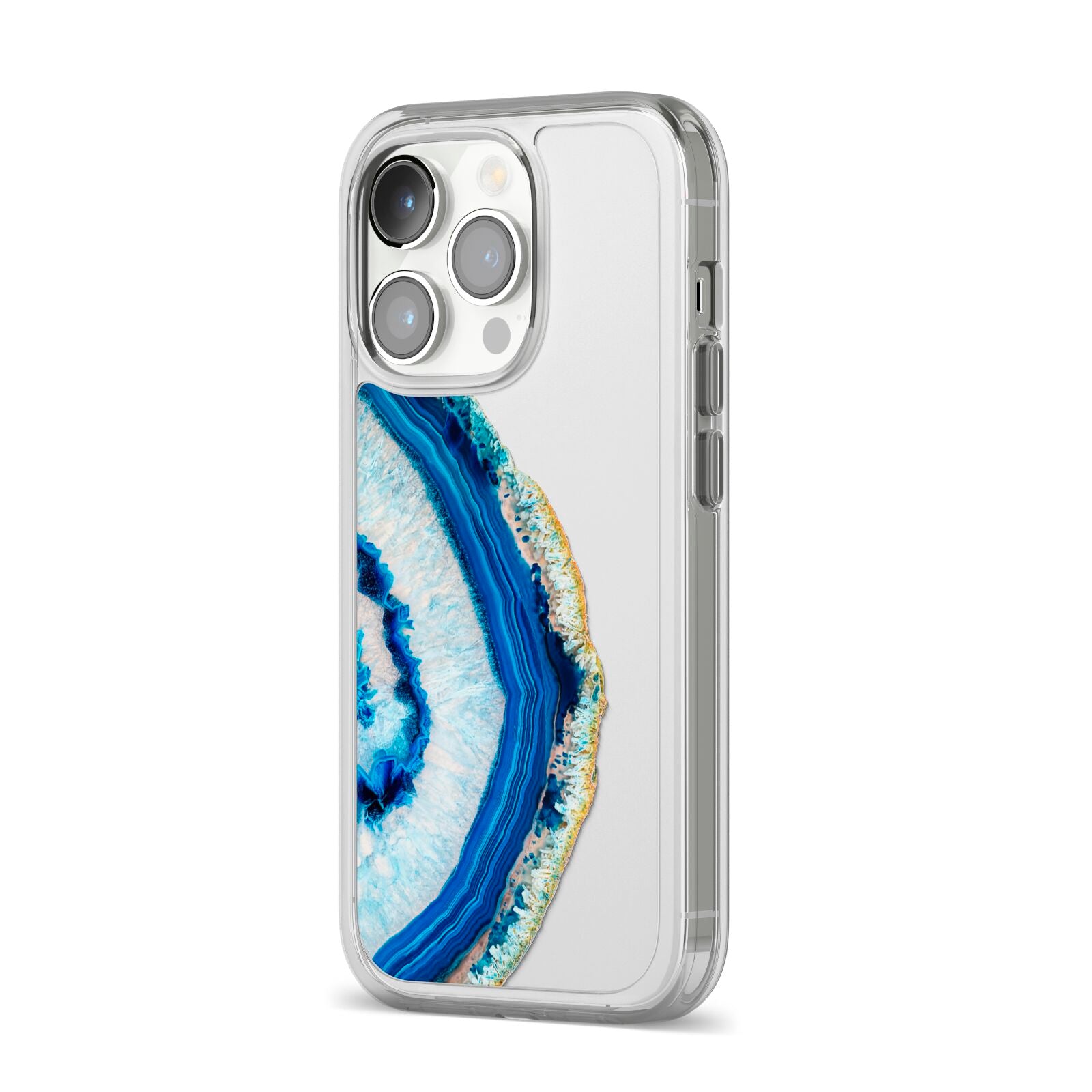 Agate Dark Blue and Turquoise iPhone 14 Pro Clear Tough Case Silver Angled Image