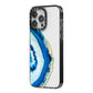 Agate Dark Blue and Turquoise iPhone 14 Pro Max Black Impact Case Side Angle on Silver phone