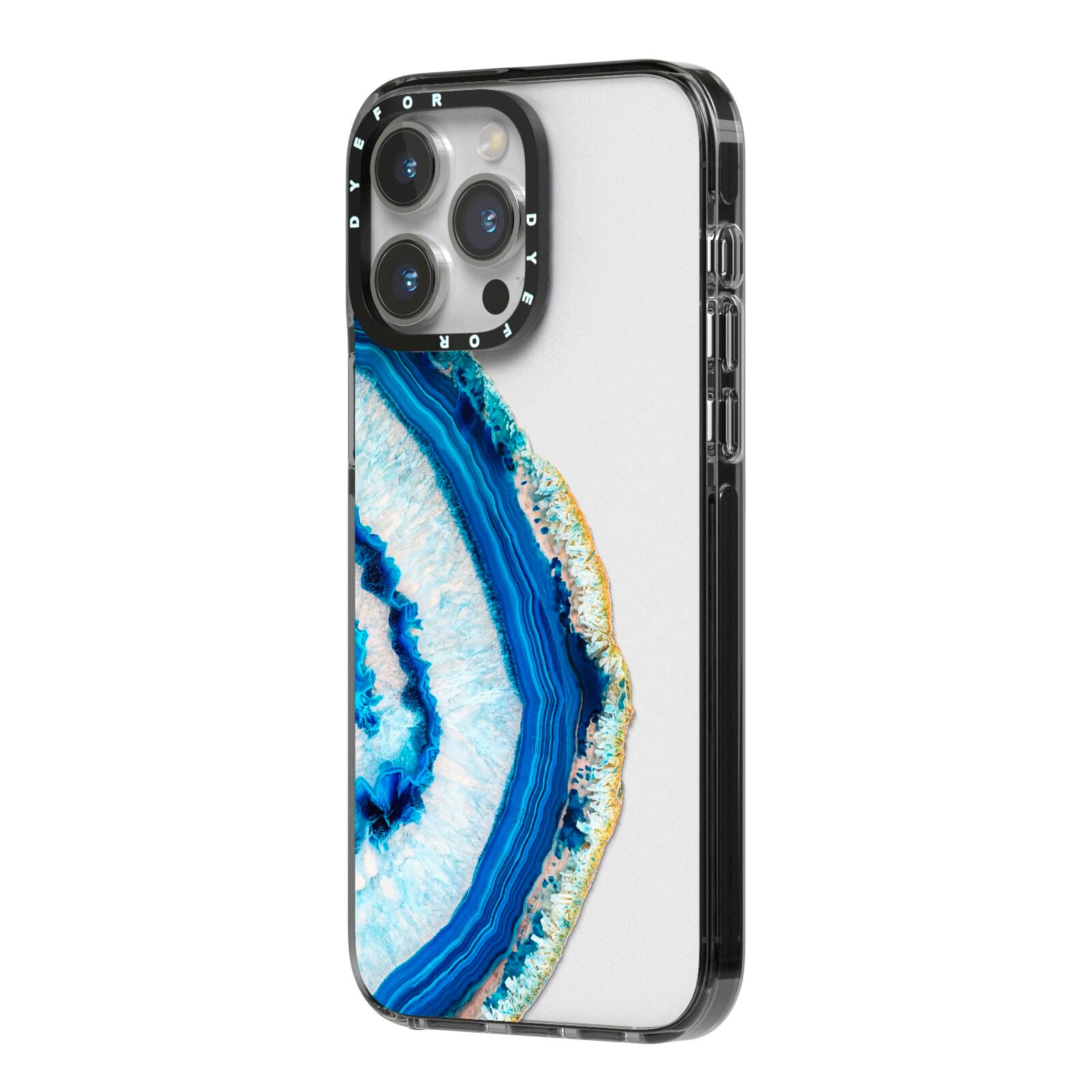 Agate Dark Blue and Turquoise iPhone 14 Pro Max Black Impact Case Side Angle on Silver phone