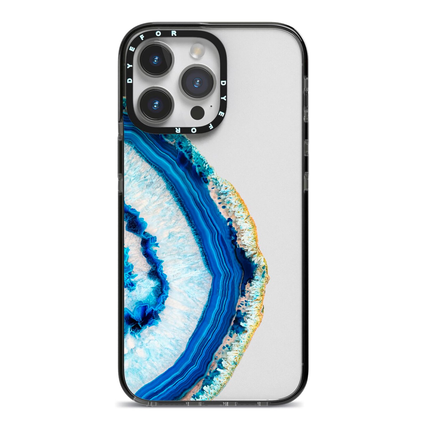 Agate Dark Blue and Turquoise iPhone 14 Pro Max Black Impact Case on Silver phone