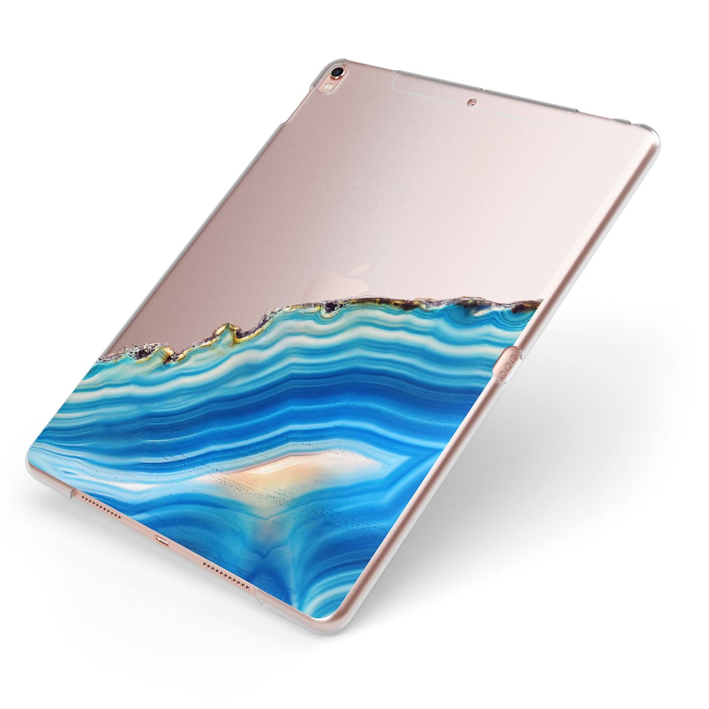 Agate Pale Blue and Bright Blue Apple iPad Case on Rose Gold iPad Side View