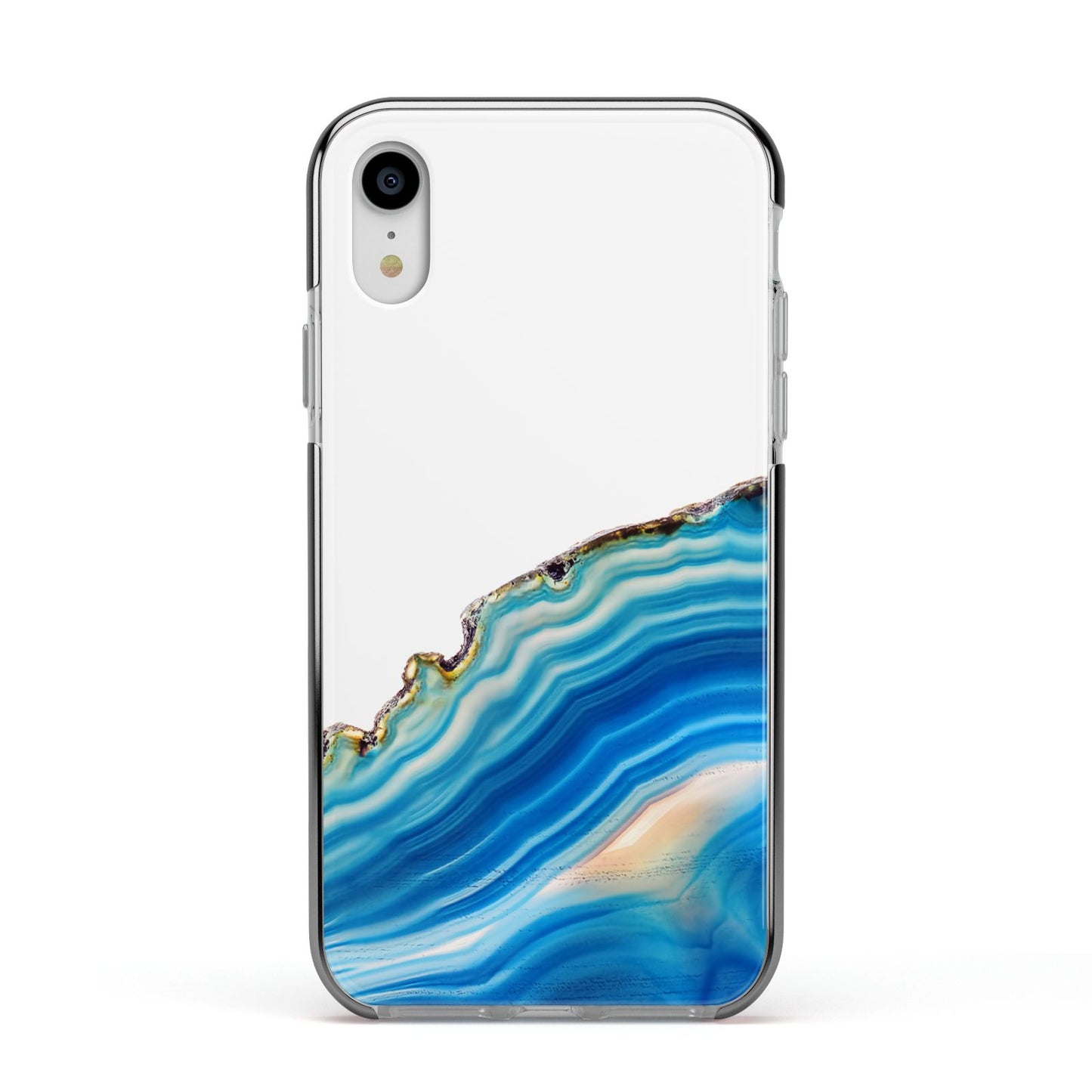 Agate Pale Blue and Bright Blue Apple iPhone XR Impact Case Black Edge on Silver Phone