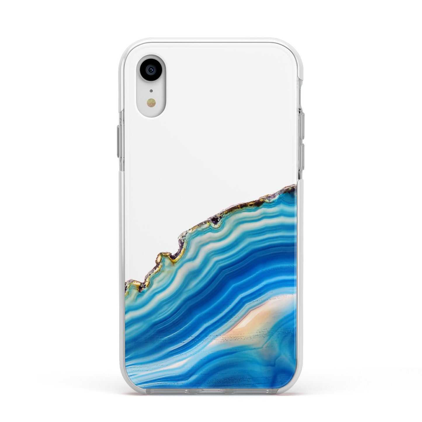 Agate Pale Blue and Bright Blue Apple iPhone XR Impact Case White Edge on Silver Phone