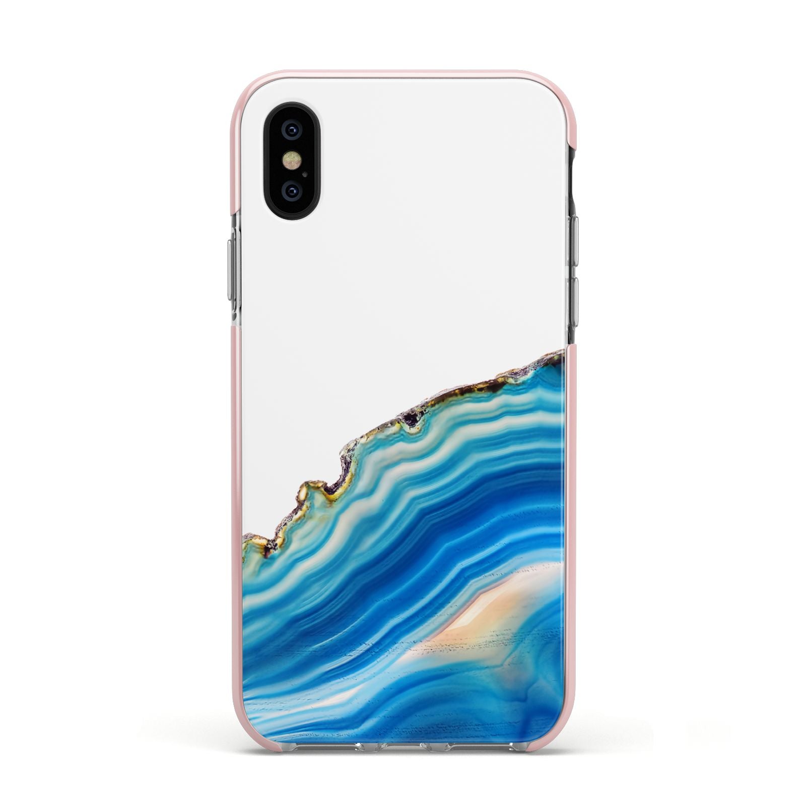 Agate Pale Blue and Bright Blue Apple iPhone Xs Impact Case Pink Edge on Black Phone