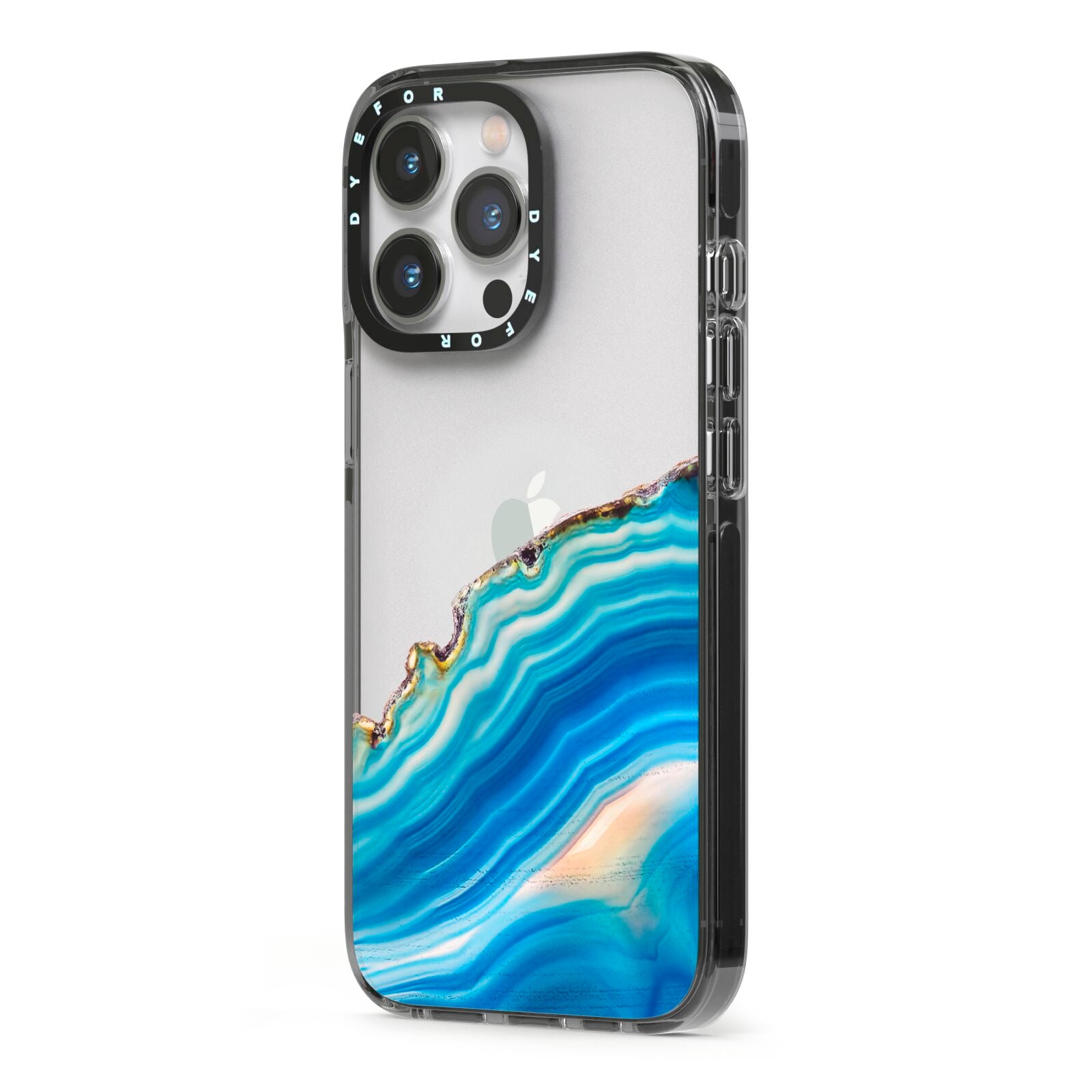Agate Pale Blue and Bright Blue iPhone 13 Pro Black Impact Case Side Angle on Silver phone