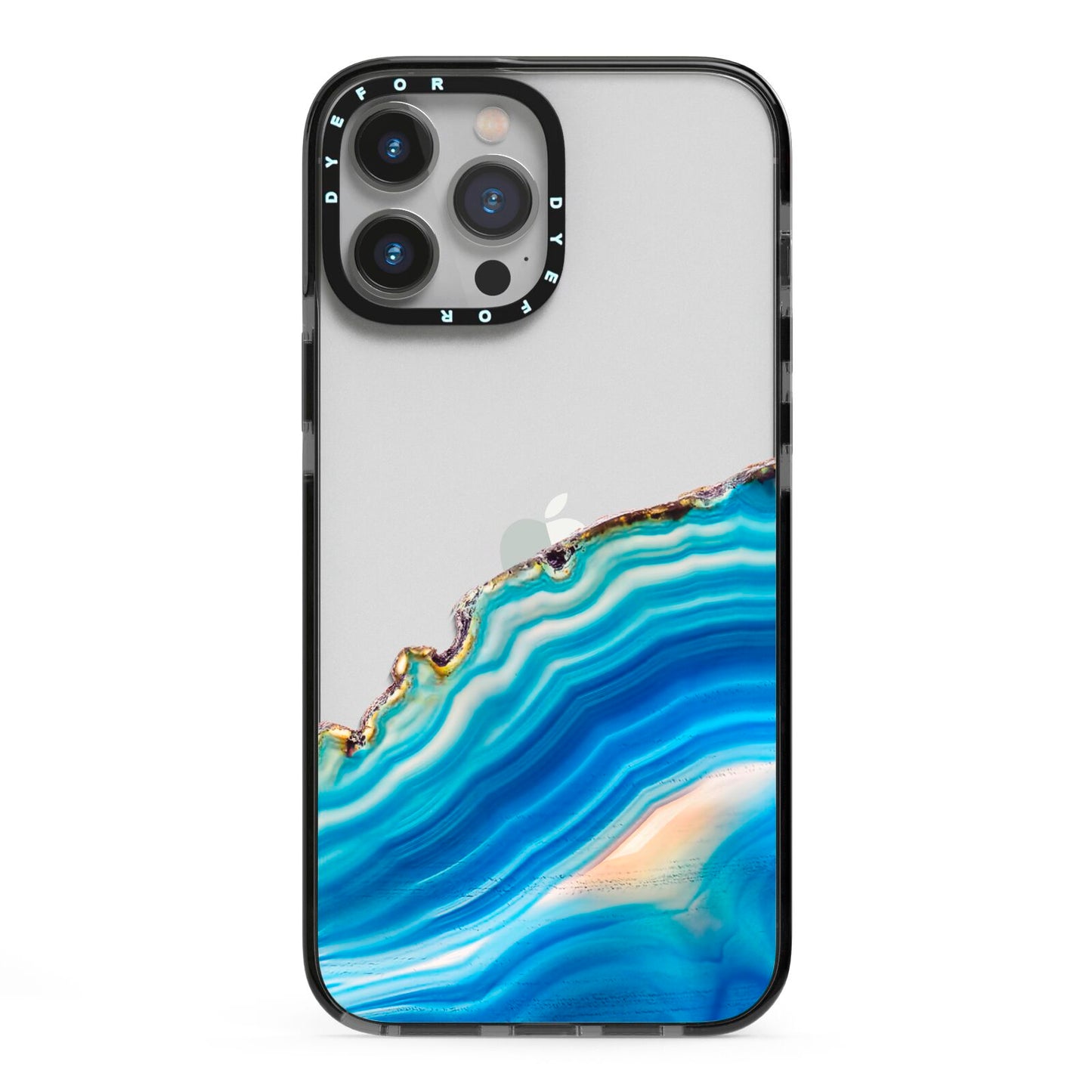 Agate Pale Blue and Bright Blue iPhone 13 Pro Max Black Impact Case on Silver phone