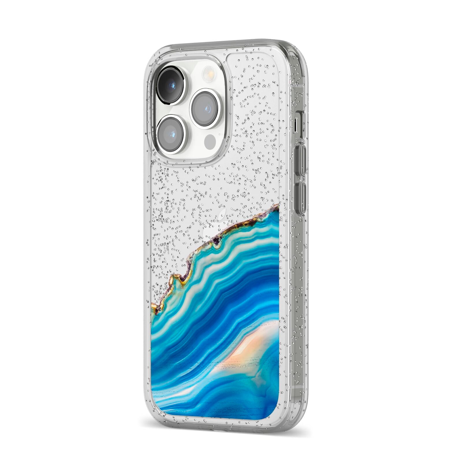 Agate Pale Blue and Bright Blue iPhone 14 Pro Glitter Tough Case Silver Angled Image