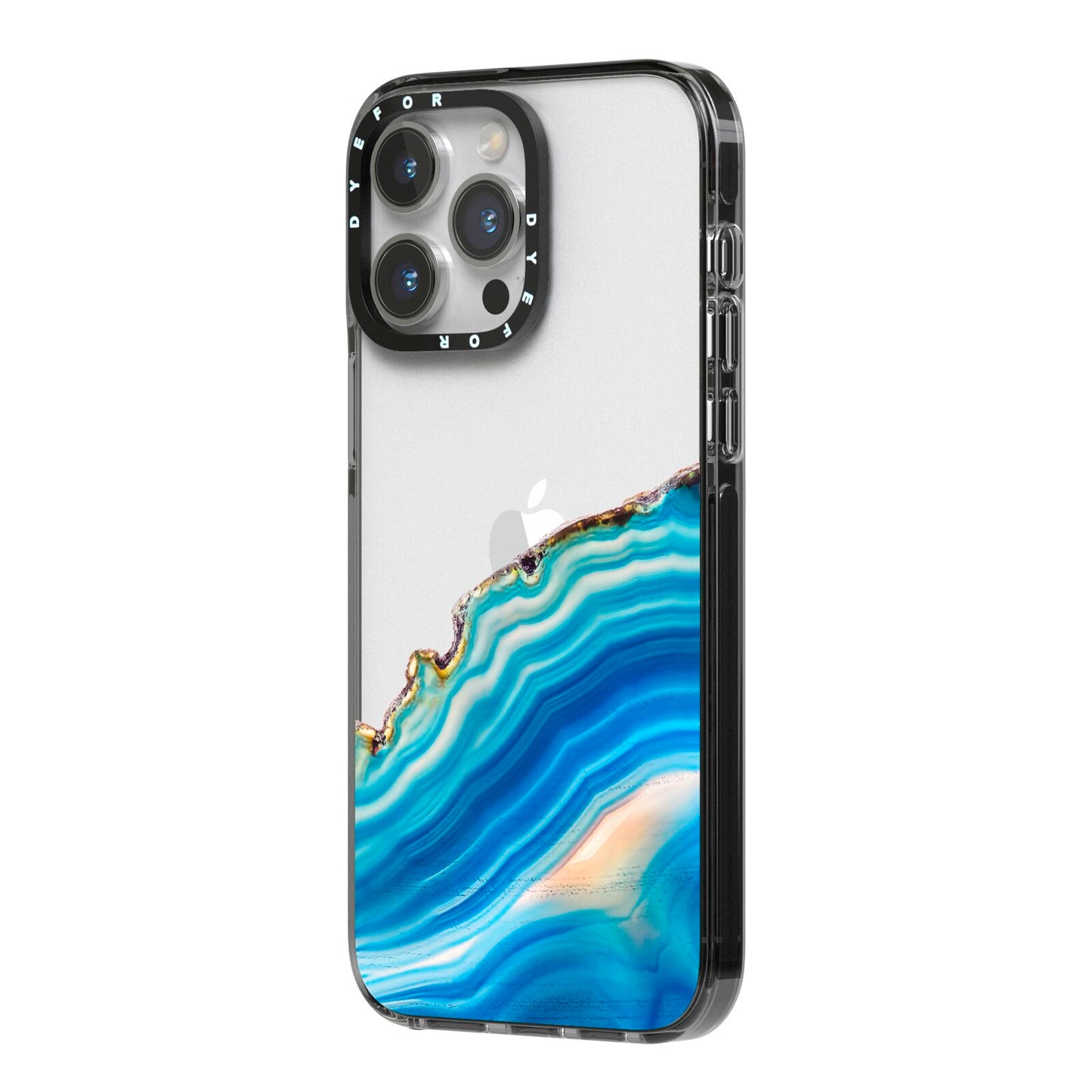 Agate Pale Blue and Bright Blue iPhone 14 Pro Max Black Impact Case Side Angle on Silver phone