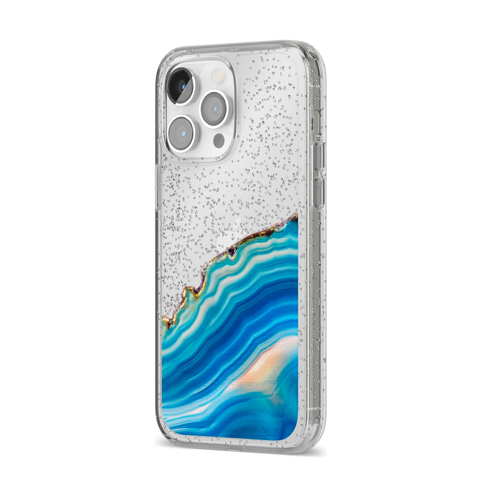 Agate Pale Blue and Bright Blue iPhone 14 Pro Max Glitter Tough Case Silver Angled Image