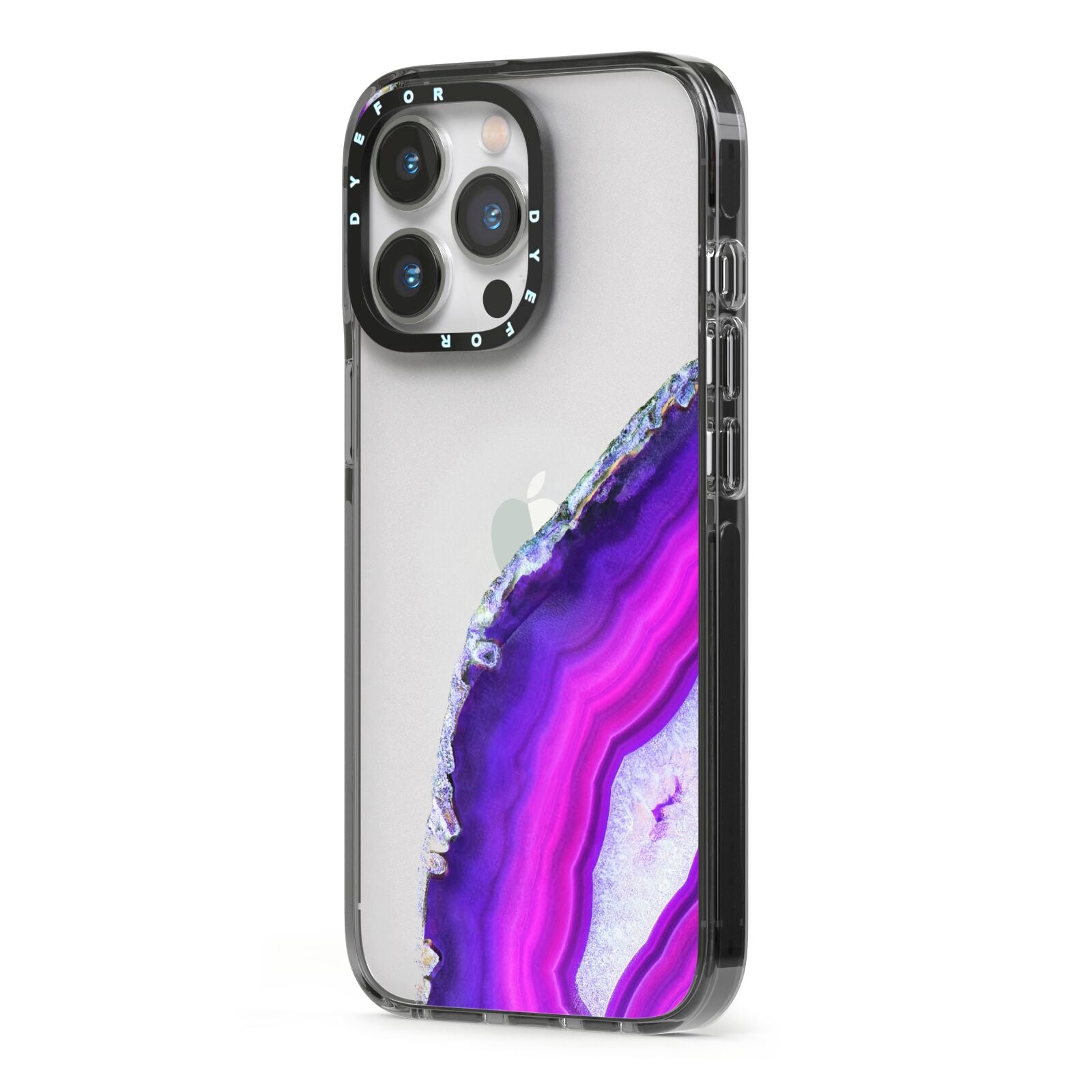 Agate Purple and Pink iPhone 13 Pro Black Impact Case Side Angle on Silver phone