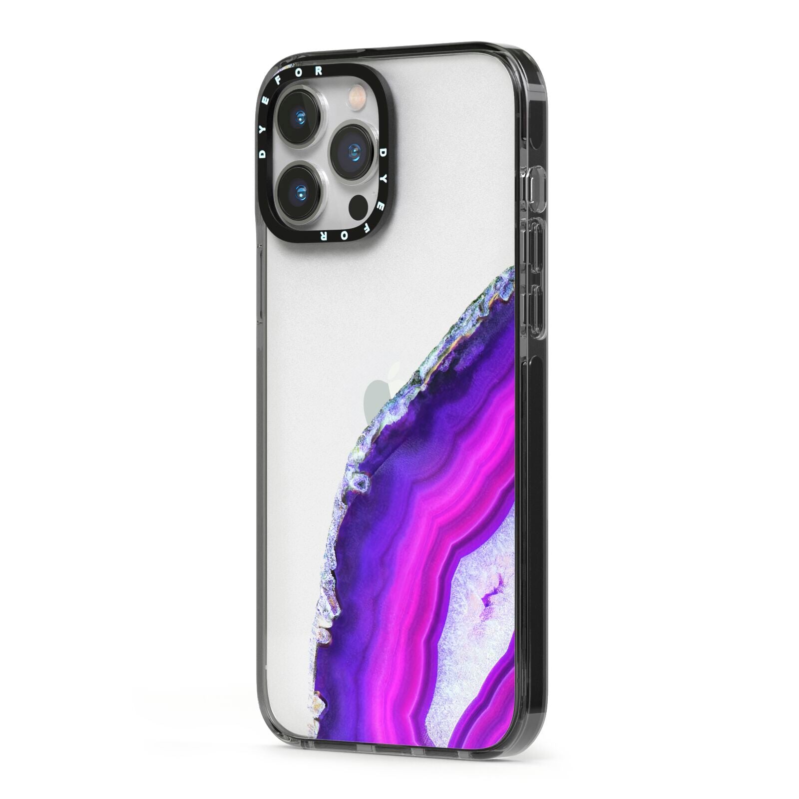 Agate Purple and Pink iPhone 13 Pro Max Black Impact Case Side Angle on Silver phone