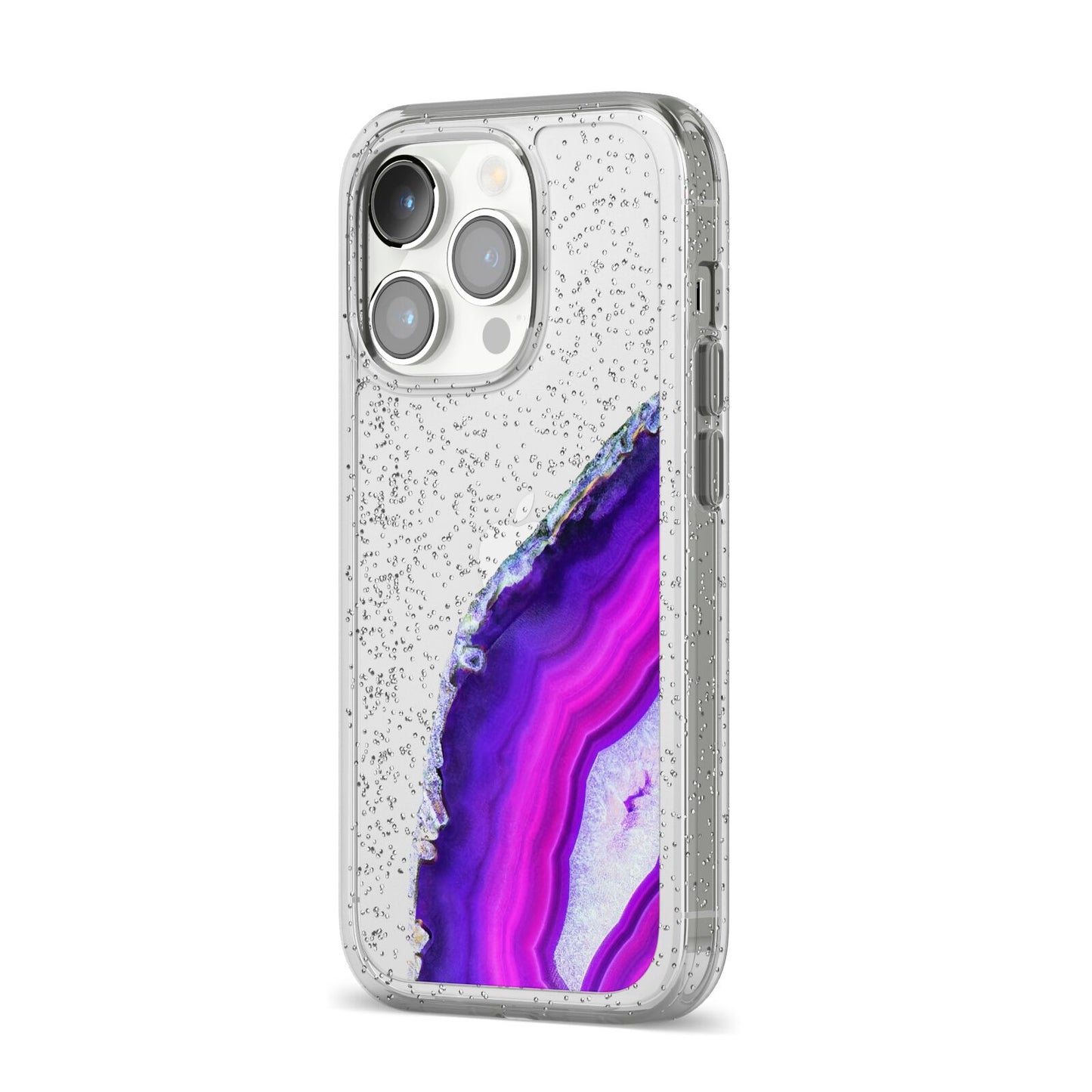 Agate Purple and Pink iPhone 14 Pro Glitter Tough Case Silver Angled Image