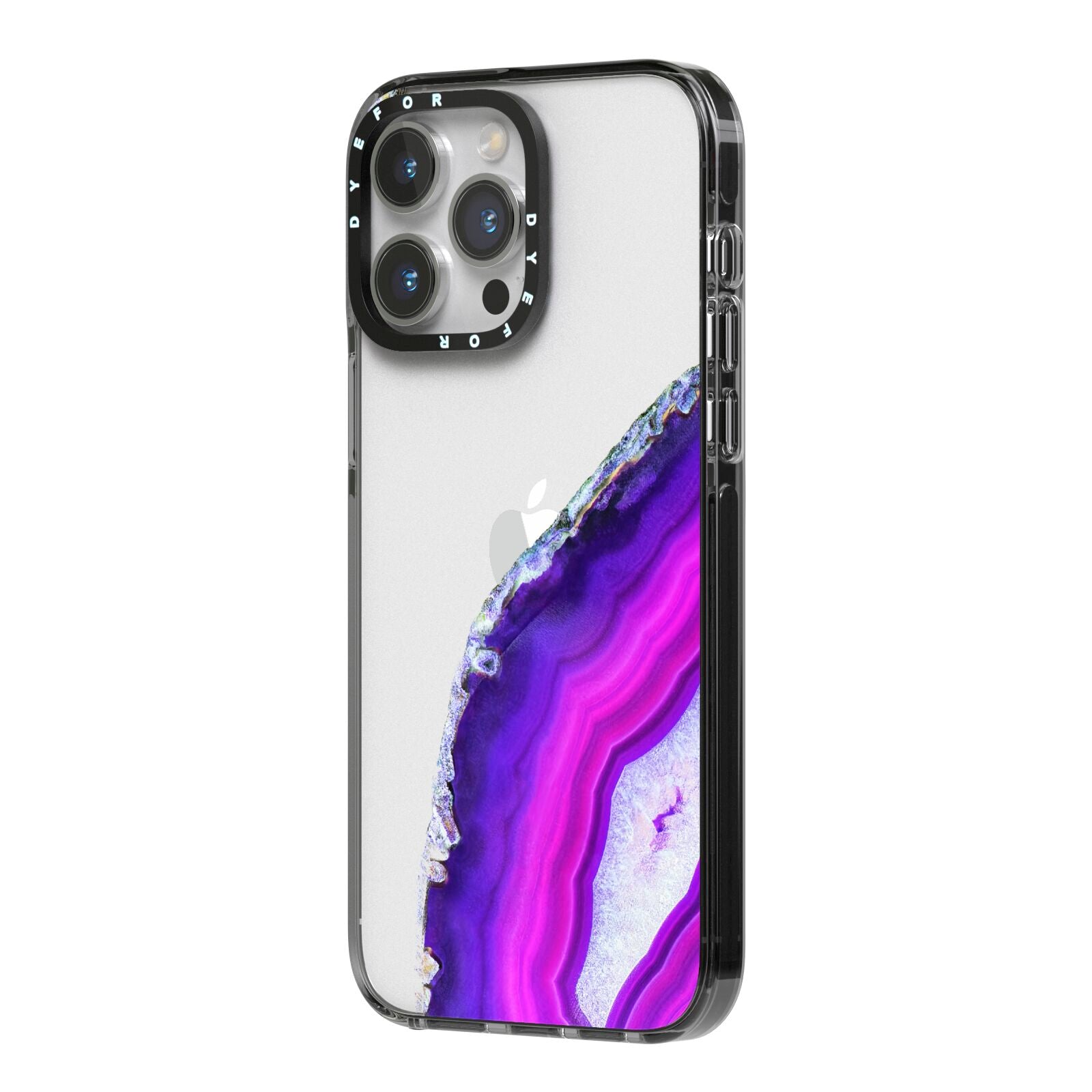 Agate Purple and Pink iPhone 14 Pro Max Black Impact Case Side Angle on Silver phone