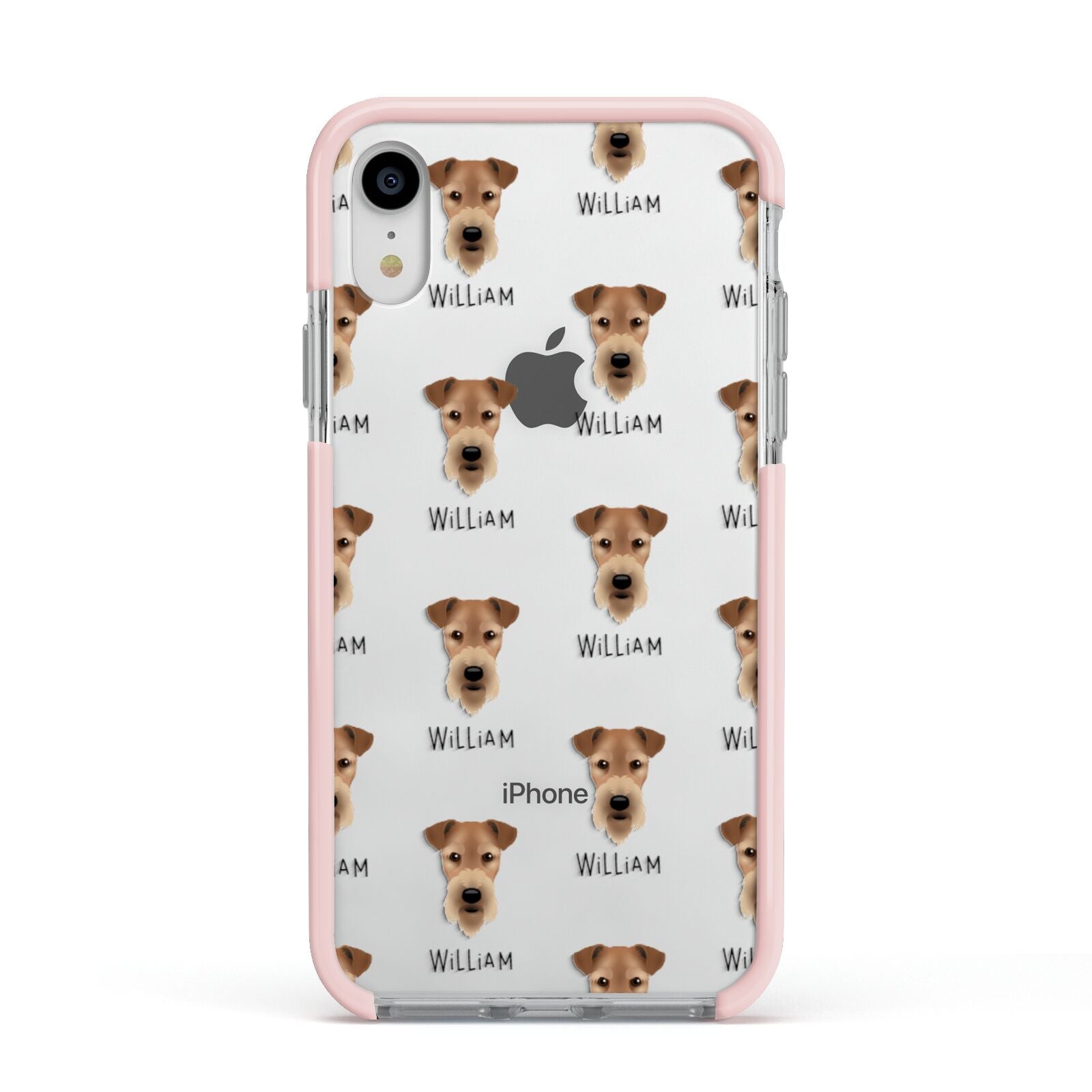Airedale Terrier Icon with Name Apple iPhone XR Impact Case Pink Edge on Silver Phone