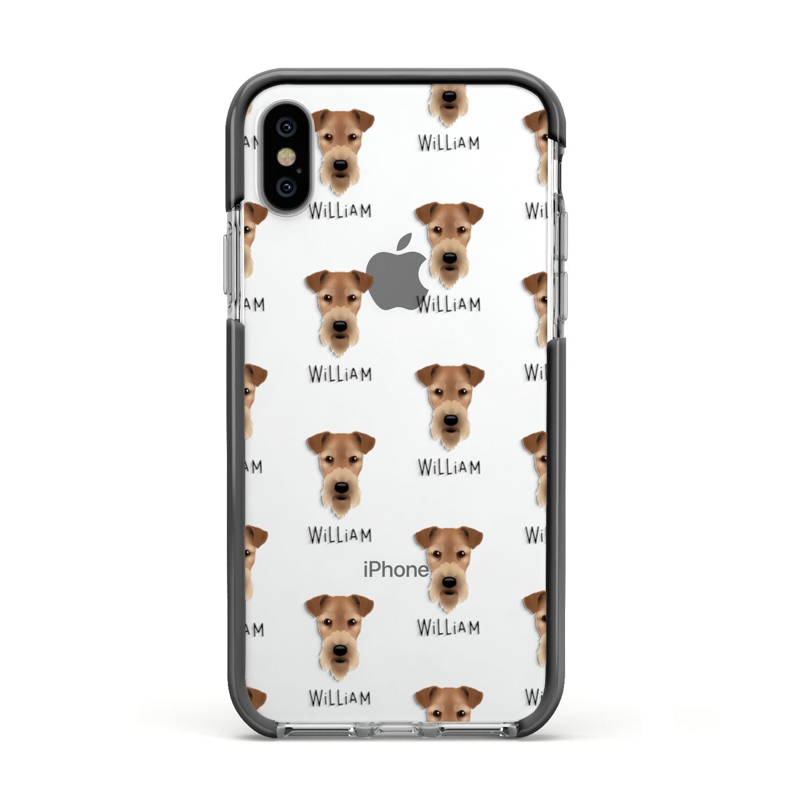 Airedale Terrier Icon with Name Apple iPhone Xs Impact Case Black Edge on Silver Phone