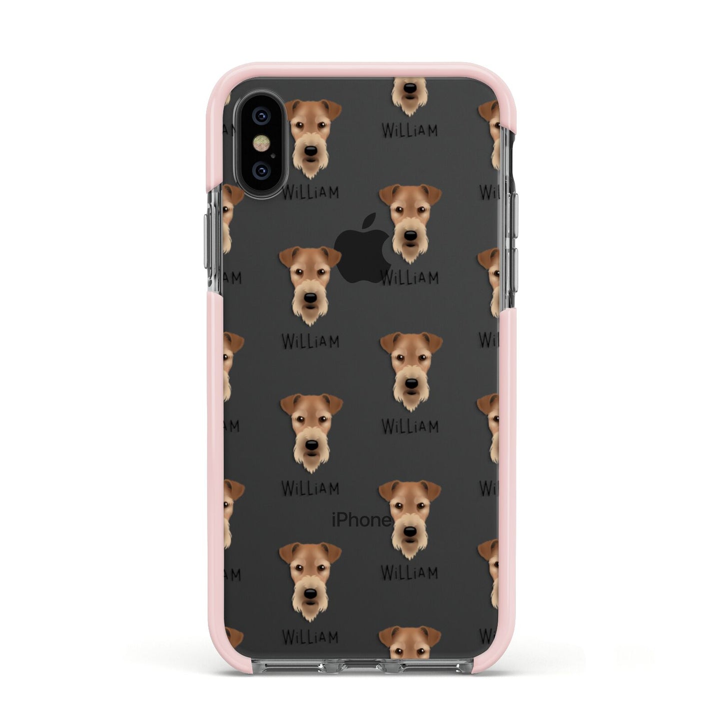 Airedale Terrier Icon with Name Apple iPhone Xs Impact Case Pink Edge on Black Phone