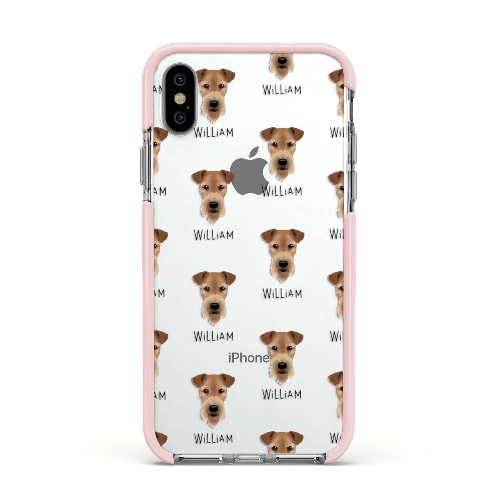 Airedale Terrier Icon with Name Apple iPhone Xs Impact Case Pink Edge on Silver Phone