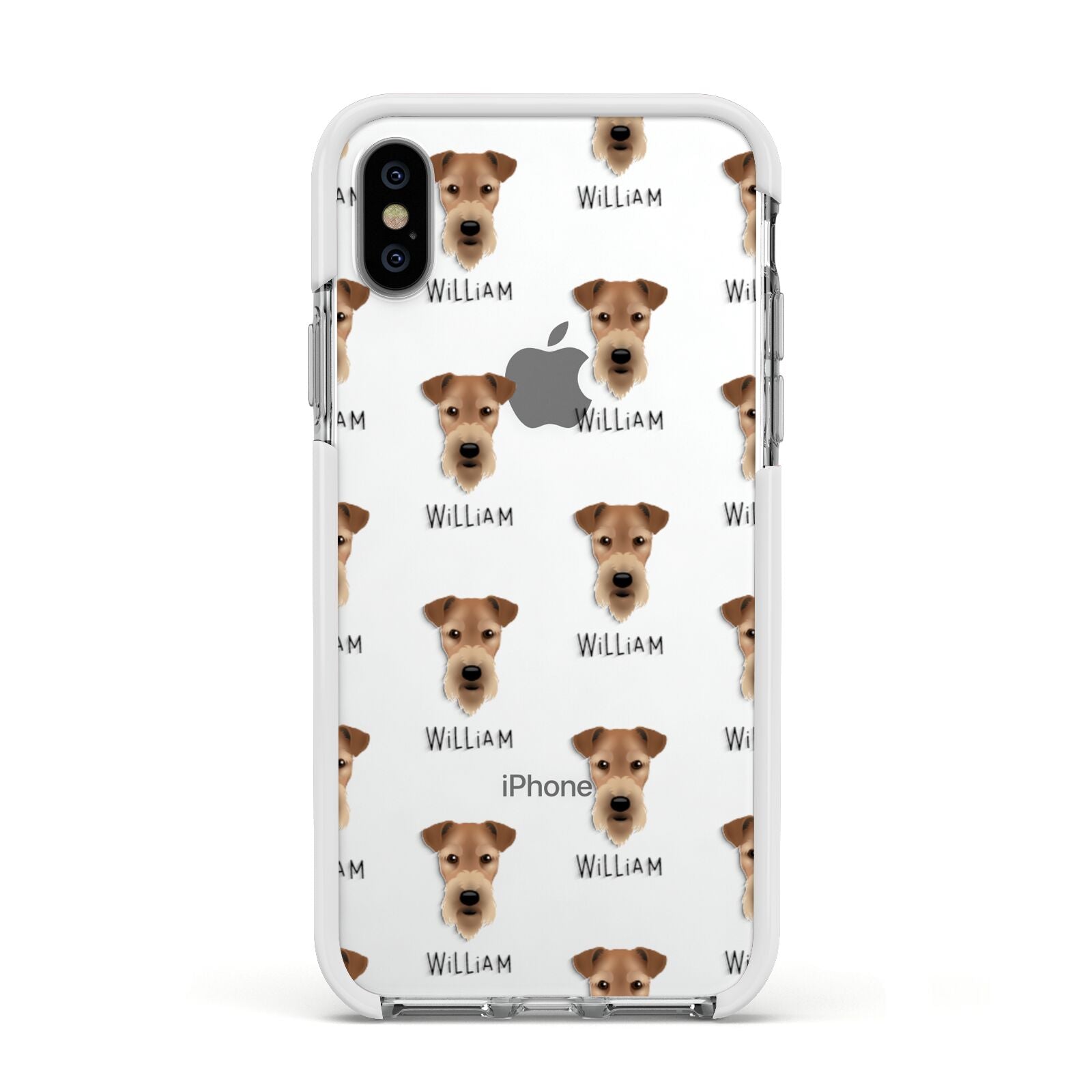 Airedale Terrier Icon with Name Apple iPhone Xs Impact Case White Edge on Silver Phone