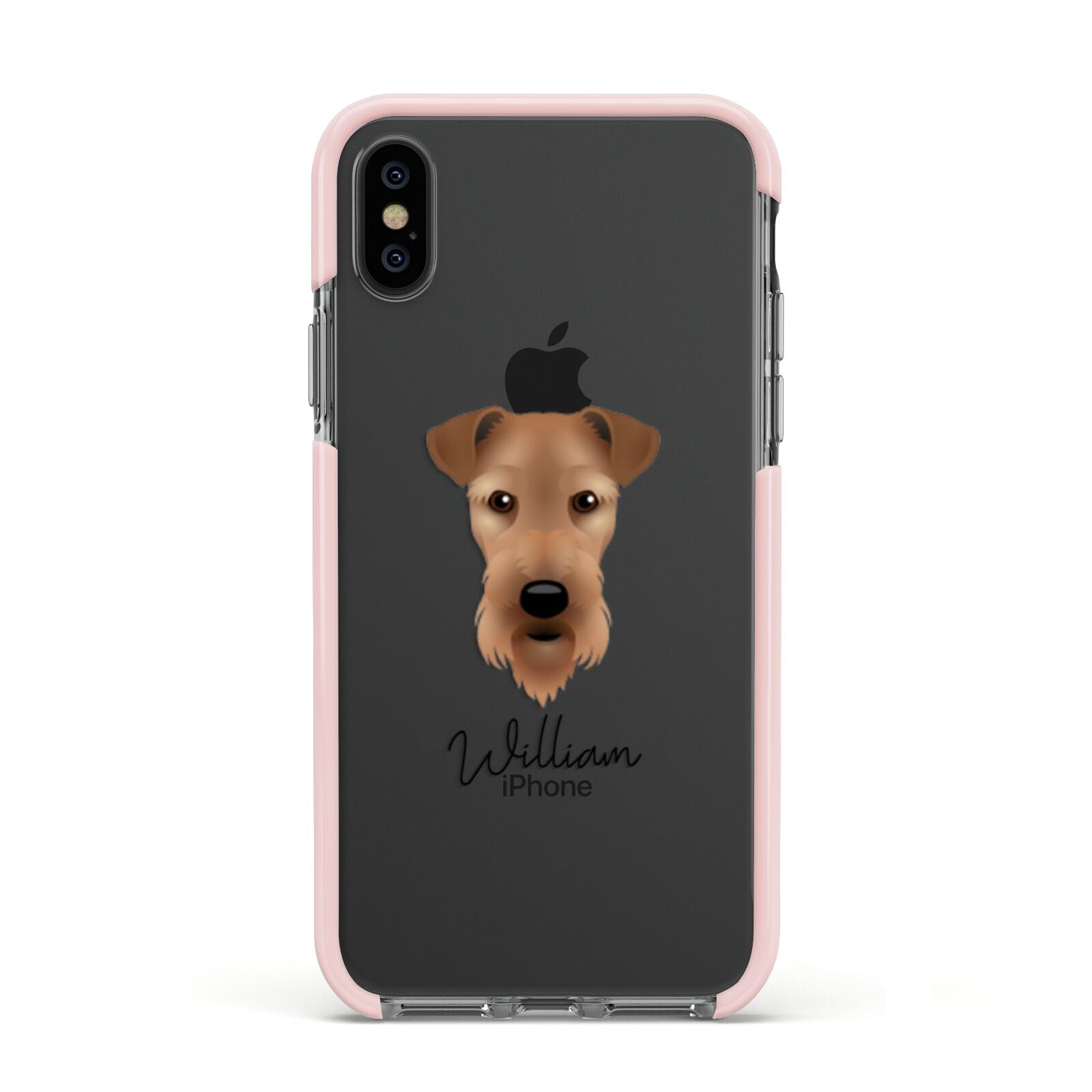 Airedale Terrier Personalised Apple iPhone Xs Impact Case Pink Edge on Black Phone