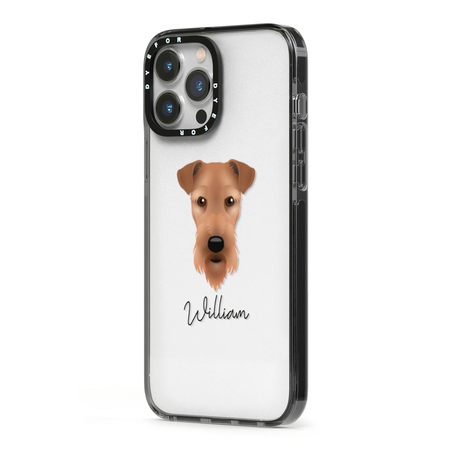 Airedale Terrier Personalised iPhone 13 Pro Max Black Impact Case Side Angle on Silver phone