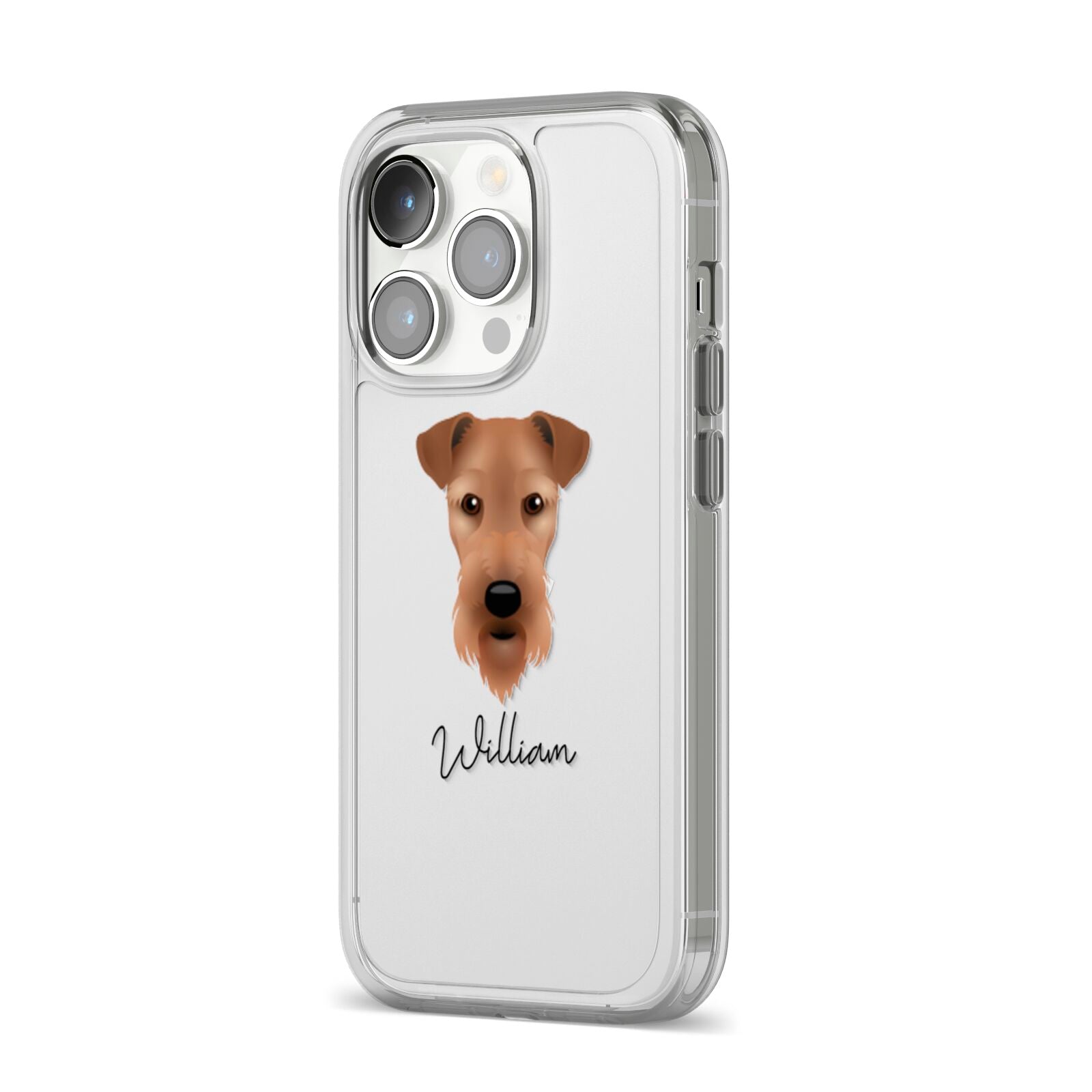 Airedale Terrier Personalised iPhone 14 Pro Clear Tough Case Silver Angled Image