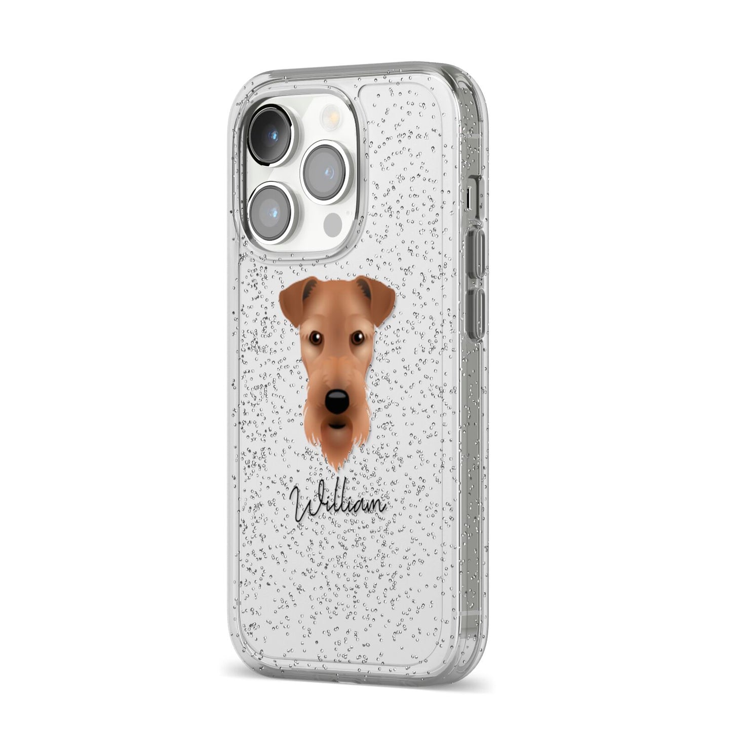 Airedale Terrier Personalised iPhone 14 Pro Glitter Tough Case Silver Angled Image