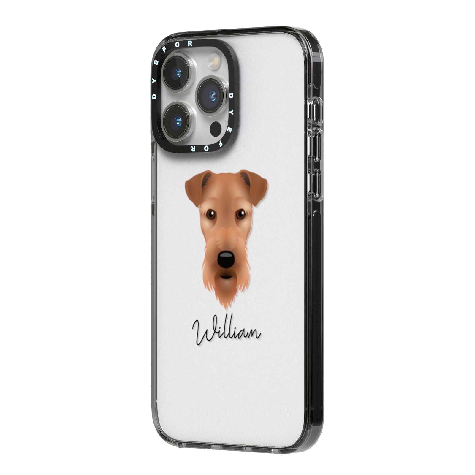 Airedale Terrier Personalised iPhone 14 Pro Max Black Impact Case Side Angle on Silver phone