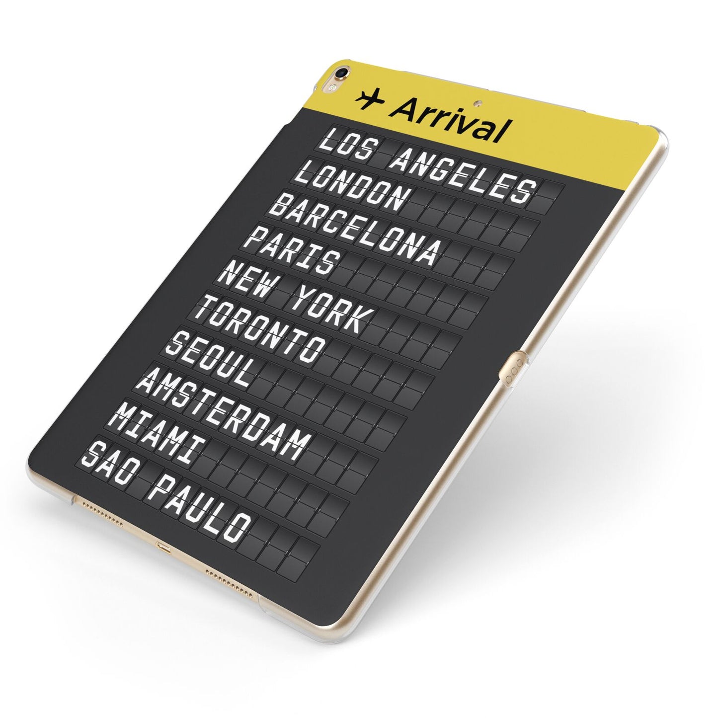 Airport Arrivals Board Apple iPad Case on Gold iPad Side View