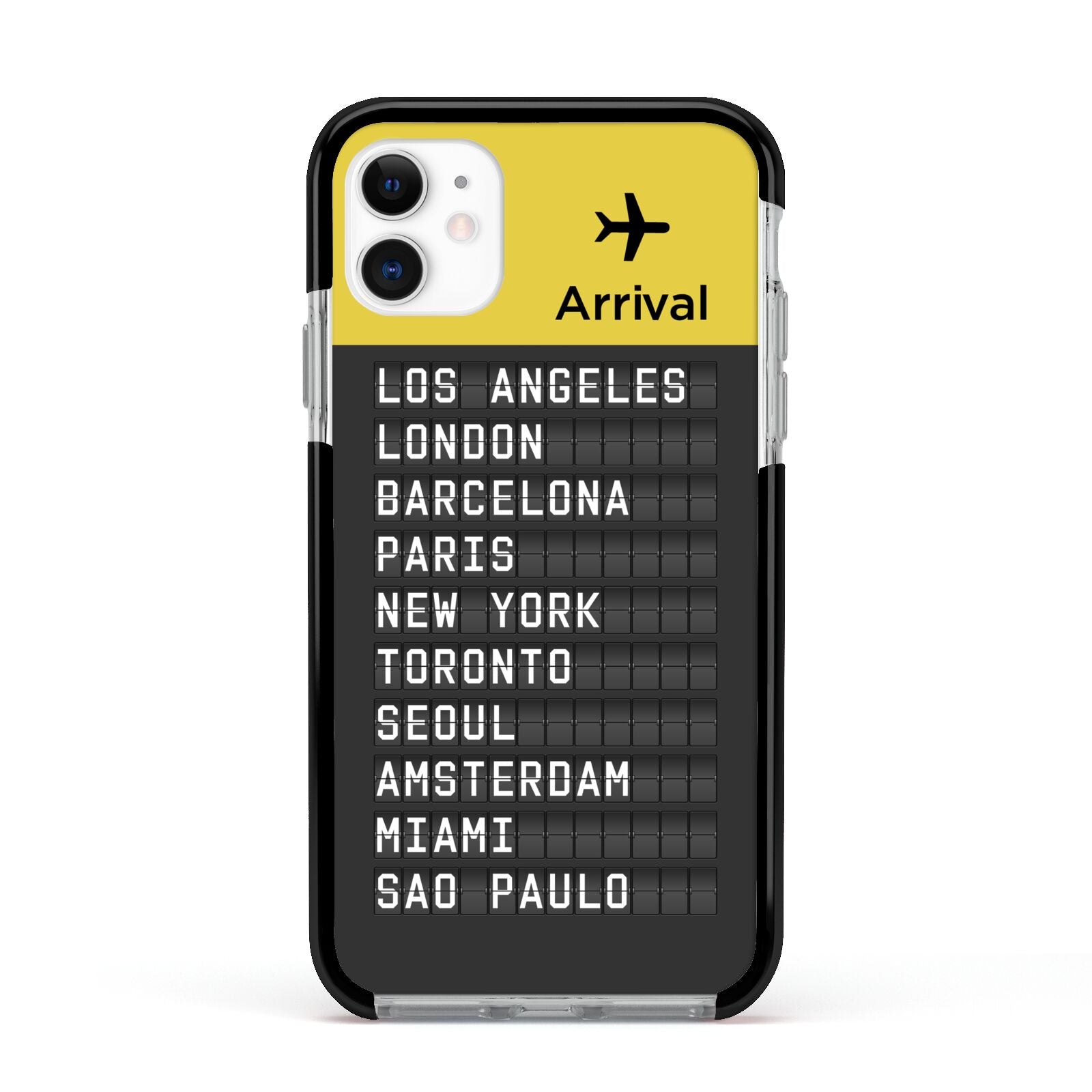 Airport Arrivals Board Apple iPhone 11 in White with Black Impact Case