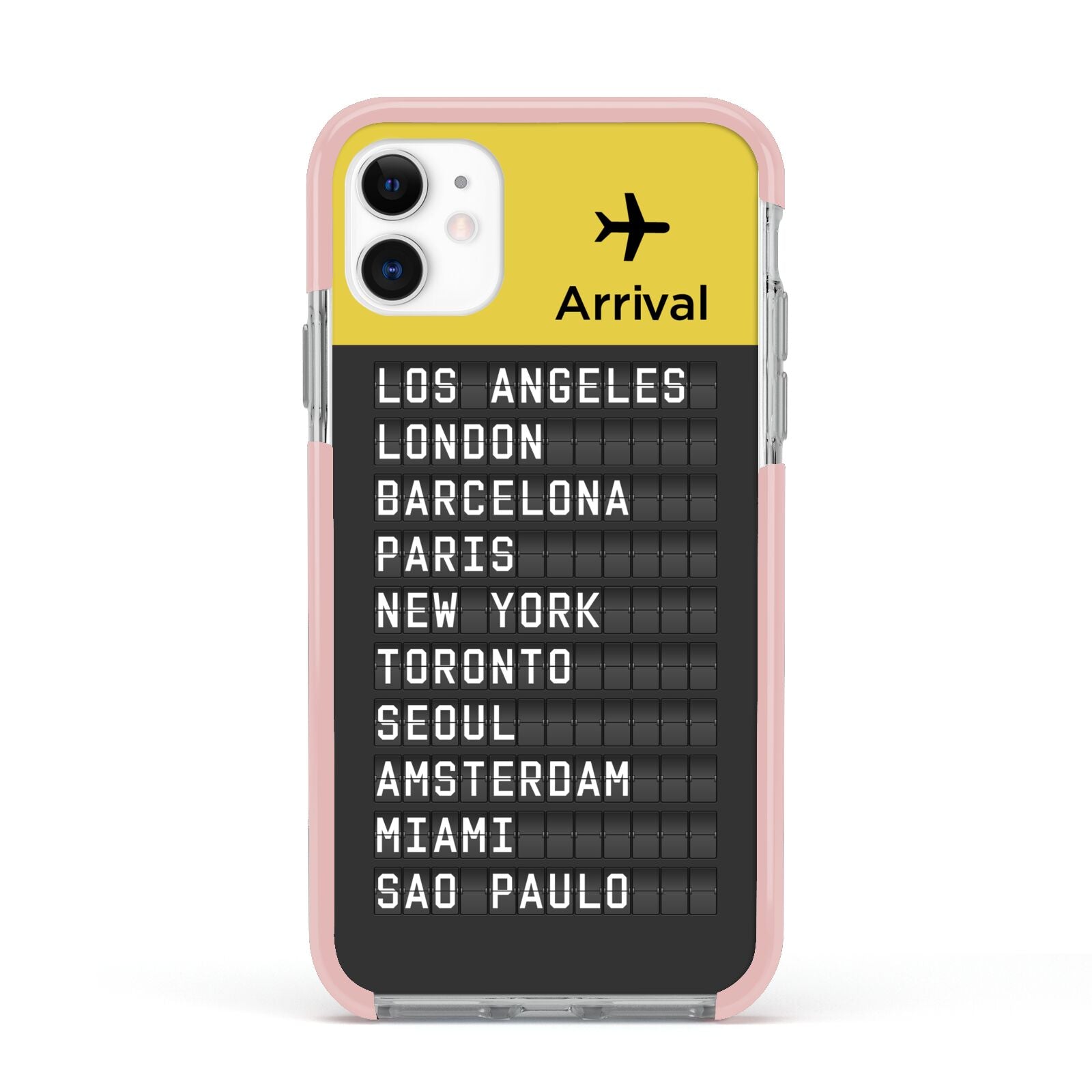 Airport Arrivals Board Apple iPhone 11 in White with Pink Impact Case