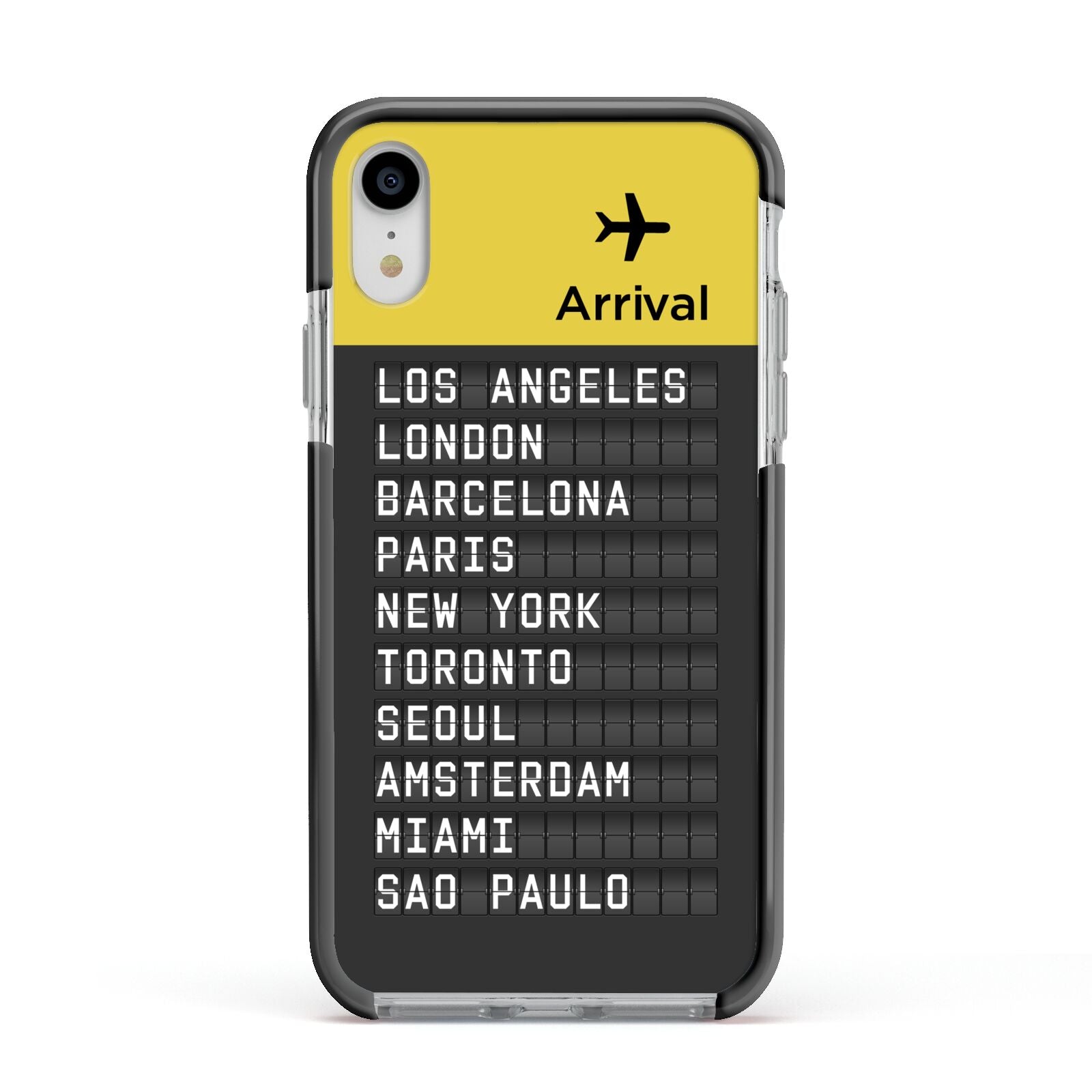 Airport Arrivals Board Apple iPhone XR Impact Case Black Edge on Silver Phone
