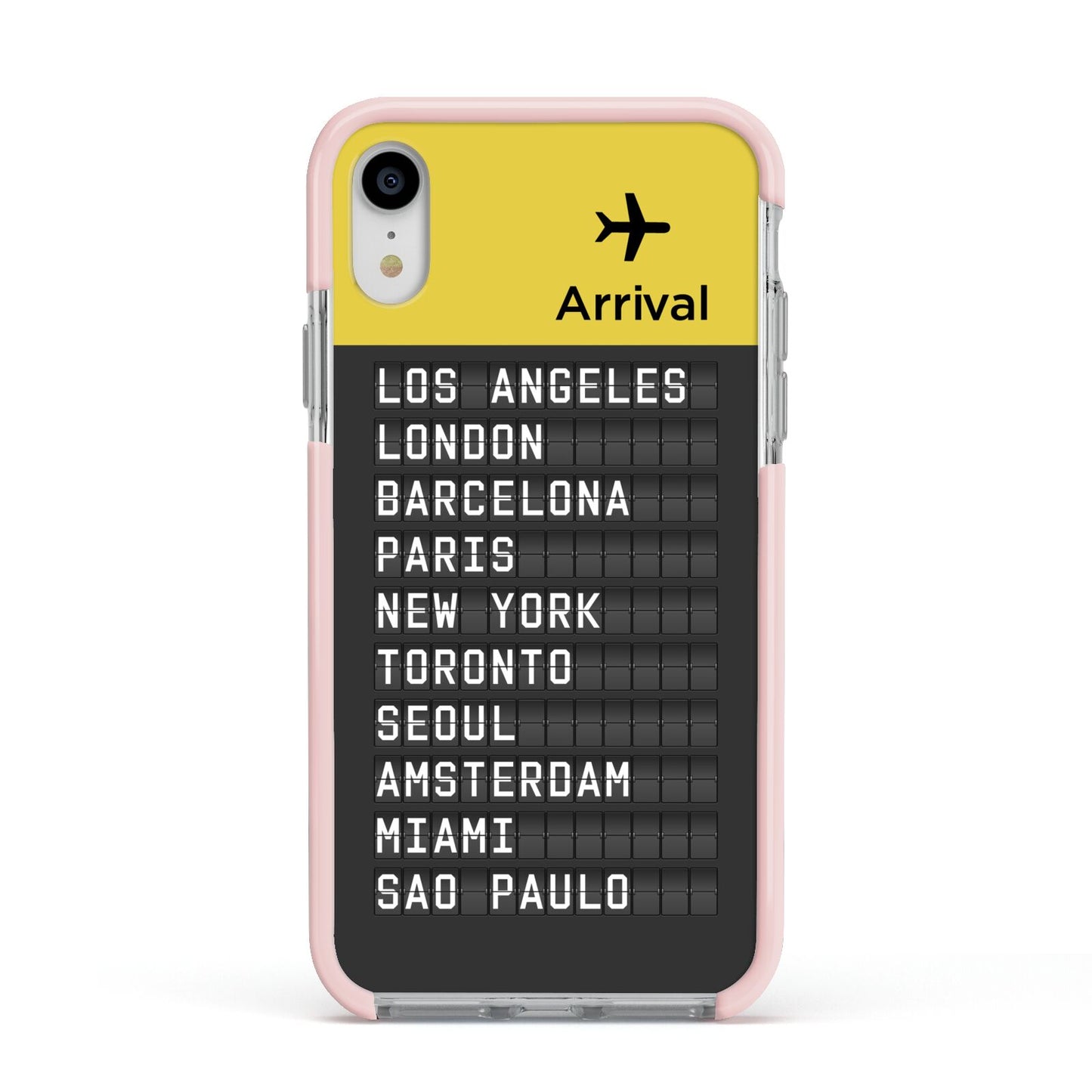 Airport Arrivals Board Apple iPhone XR Impact Case Pink Edge on Silver Phone