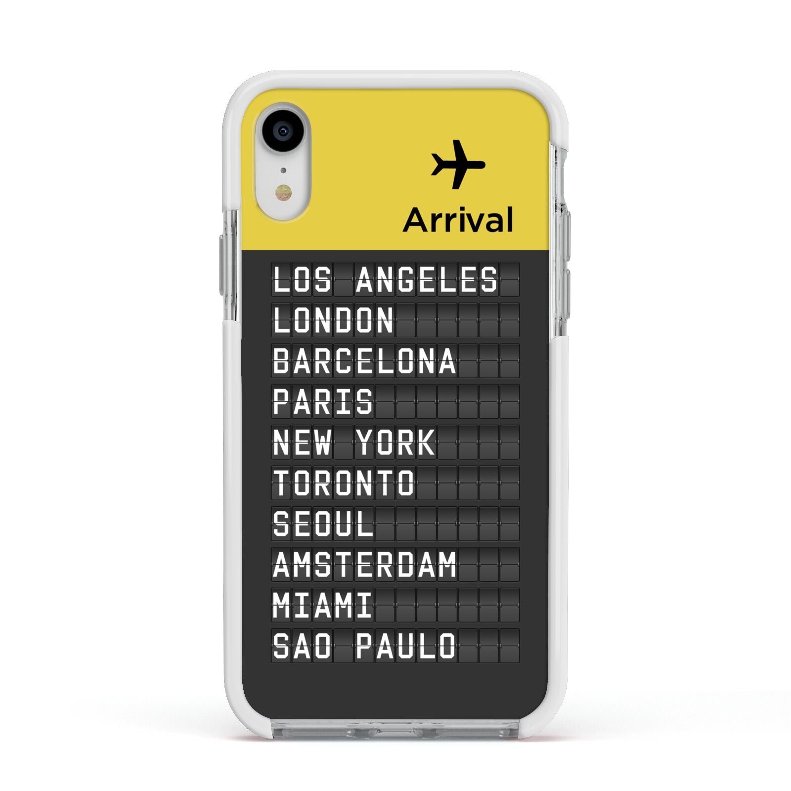 Airport Arrivals Board Apple iPhone XR Impact Case White Edge on Silver Phone