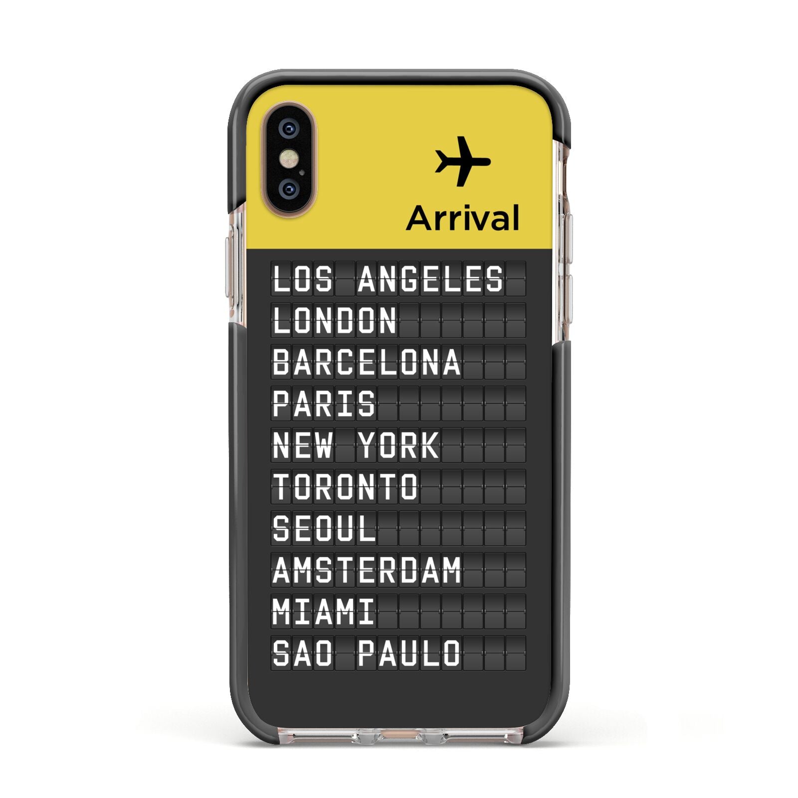 Airport Arrivals Board Apple iPhone Xs Impact Case Black Edge on Gold Phone