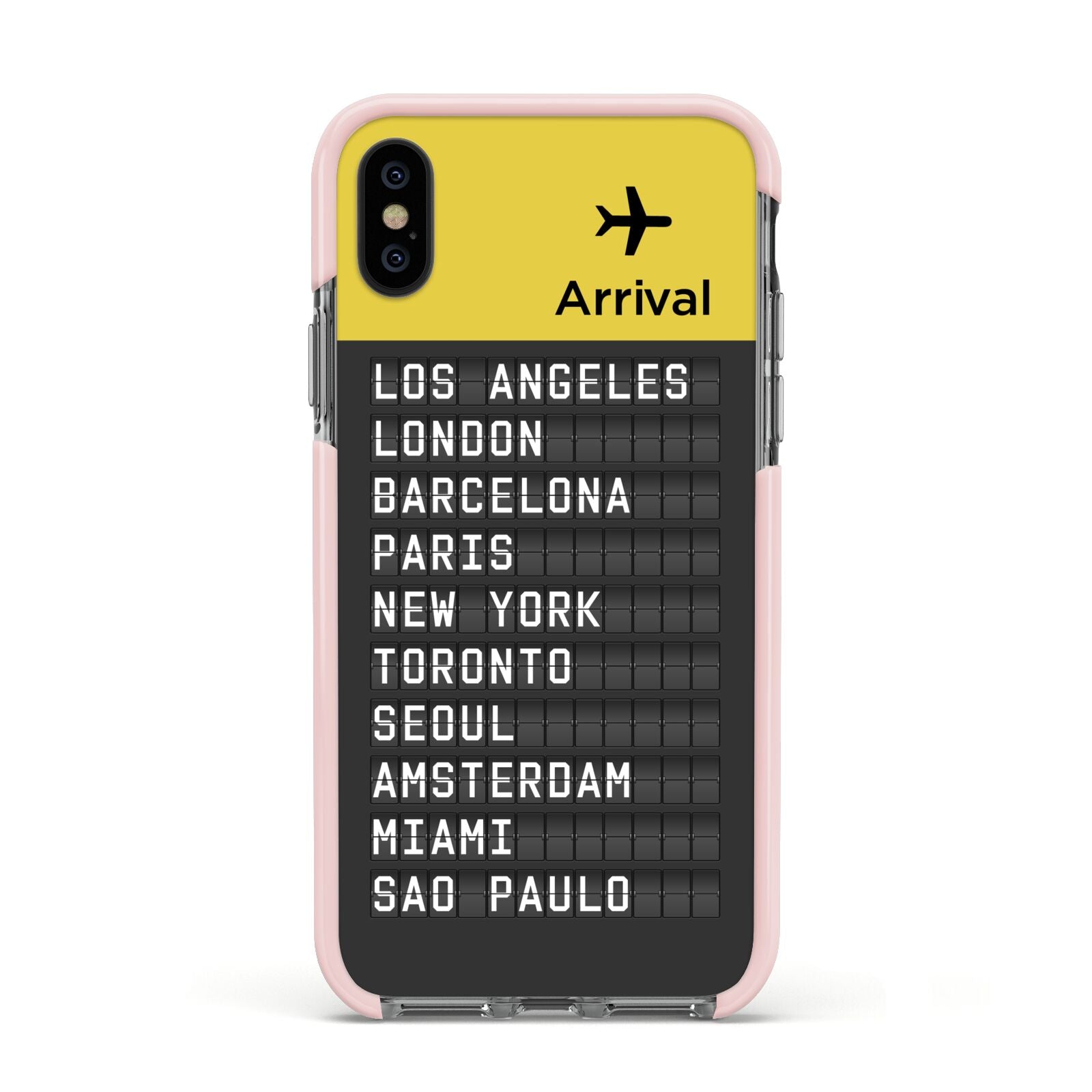 Airport Arrivals Board Apple iPhone Xs Impact Case Pink Edge on Black Phone